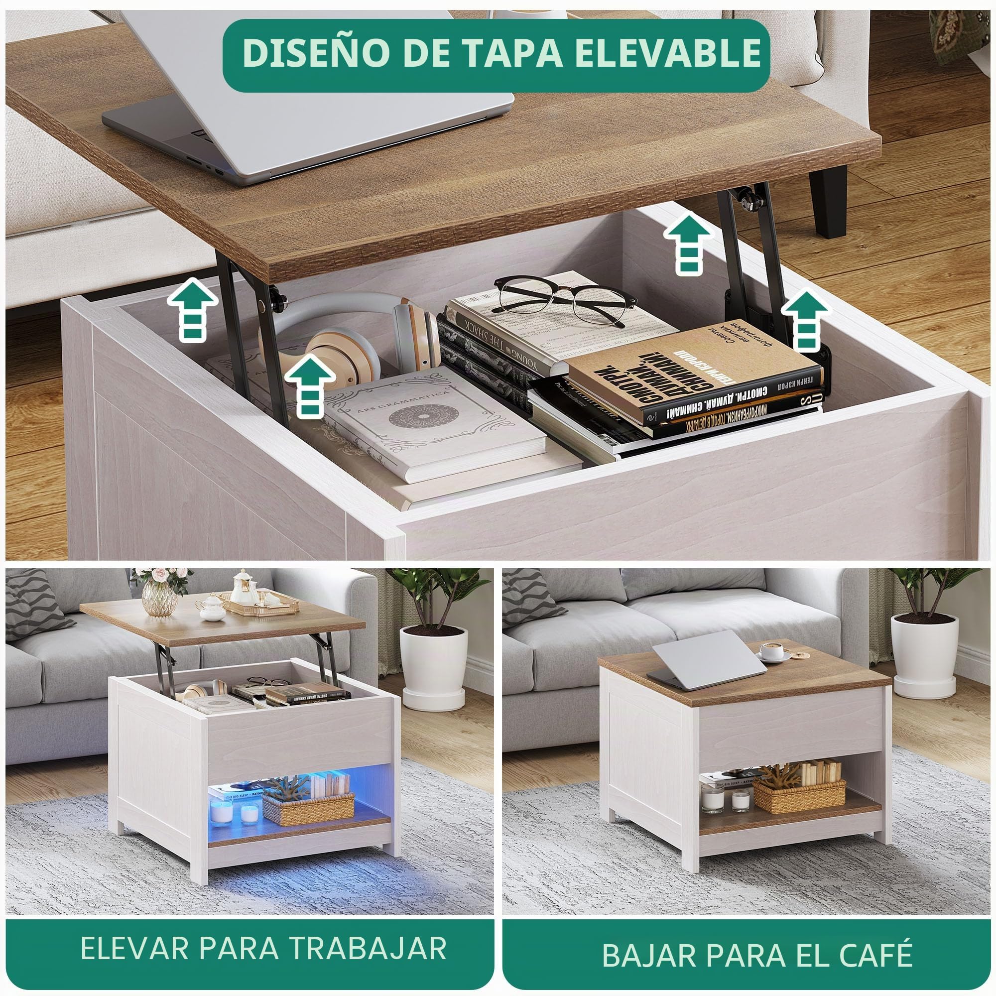 YITAHOME Mesa Centro Elevable con Estante, Mesita de Salón Cuadrada Mesa Café Moderna para sofá, Dormitorio, 60 x 60 x 45 cm