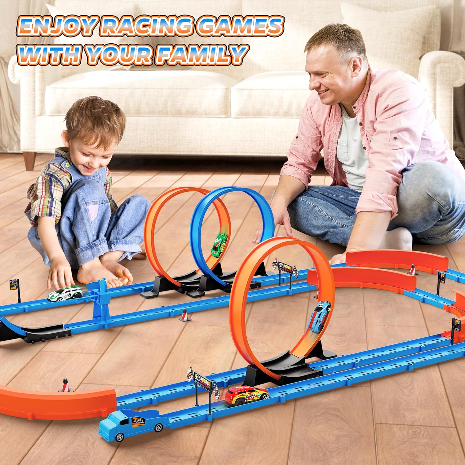 ‌Slot Car Race Track Sets with 360° Thrill Loops & 4 High-Speed Cars, 64 Pcs Large Flexible Racing Track for Kids Ages 3-5 4-8 8-12, Race Car Toys Gift for Boys Girls Birthday Christmas