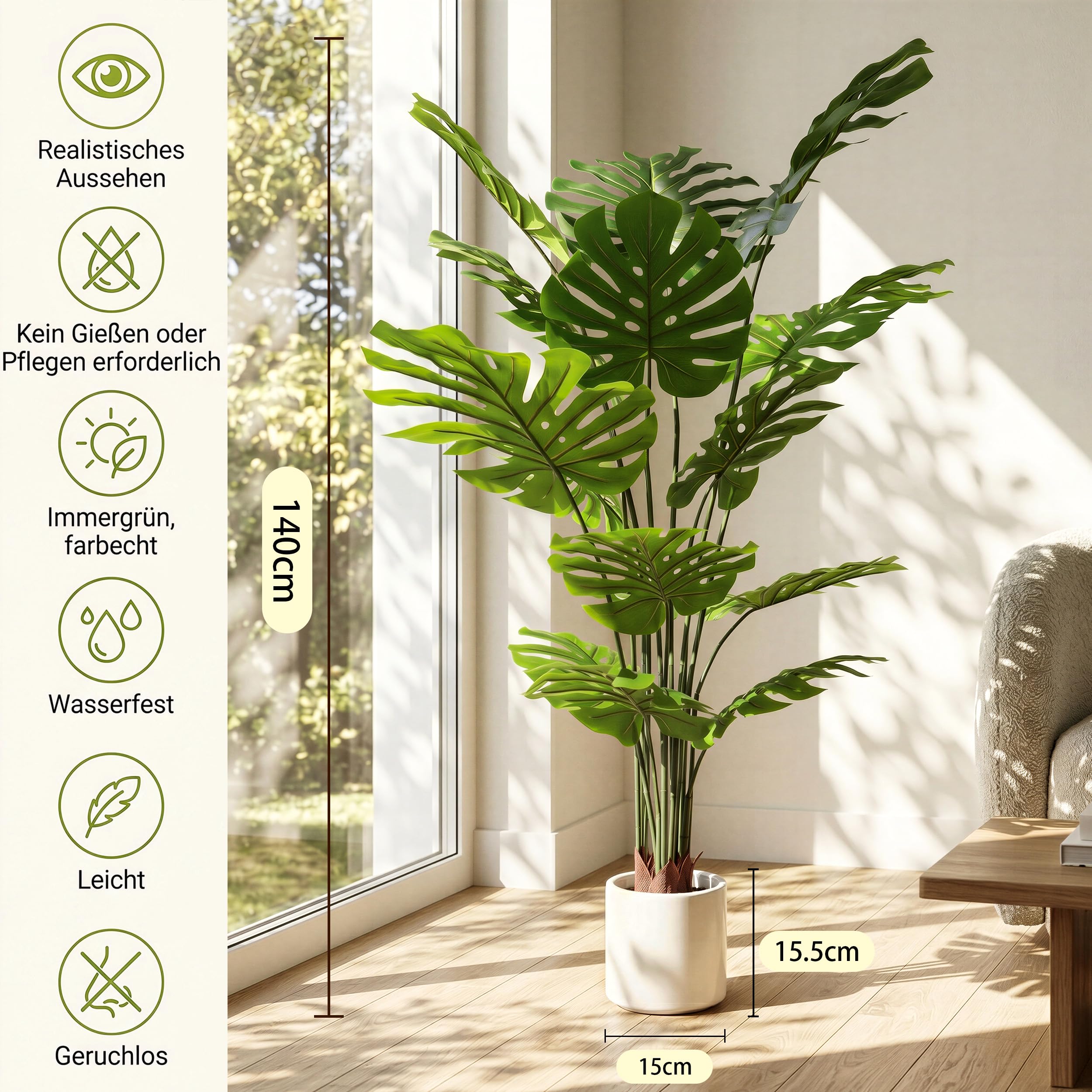 BEAUTYPEAK 140cm Monstera Künstliche Pflanze Wie Echt mit Weißem Topf | Kunstpflanze in Dichtes Laubwerk, Biegbare Blätter, Zimmerpflanze Deko für Wohnzimmer, Balkon,Büro,Flur, 2 Stück Fake Plants