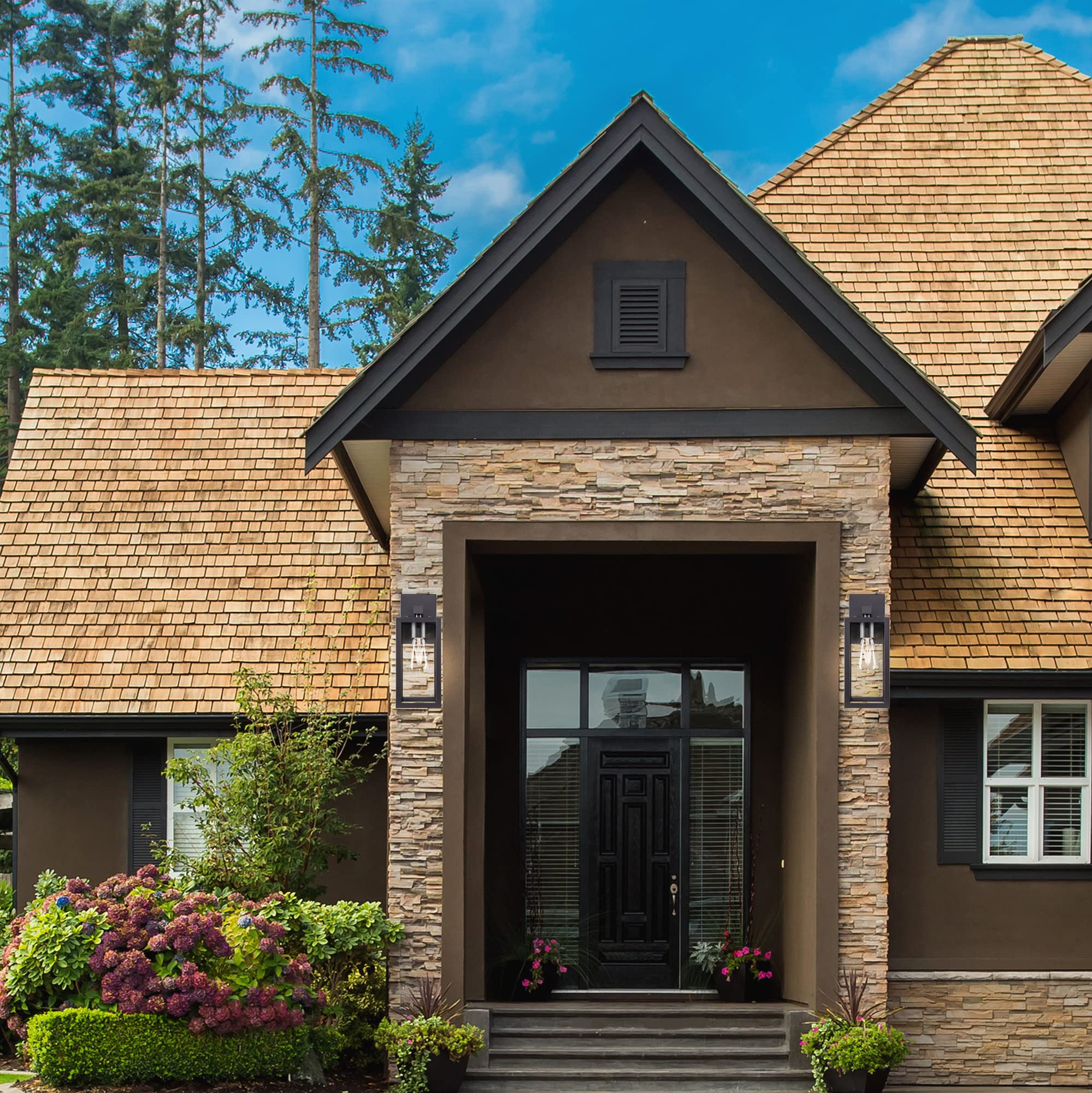 GRUENLICH Dusk to Dawn Outdoor Wall Lantern, Wall Sconce as Porch Lighting Fixture with One E26 Base Max 60W, Metal Housing with Glass Shade, Black, 2-Pack