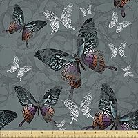 Vista 111 de Ambesonne Tela de Mariposas por Yarda, Patrones de Mariposas Estacionales Alegres Selva Tropical Naturaleza Salvaje Ilustración, Tela Decorativa