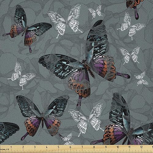 Ambesonne The Yard - Tela de mariposa con fondo floral de tonos pálidos con coloridos animales voladores elementos vintage, tela de microfibra para