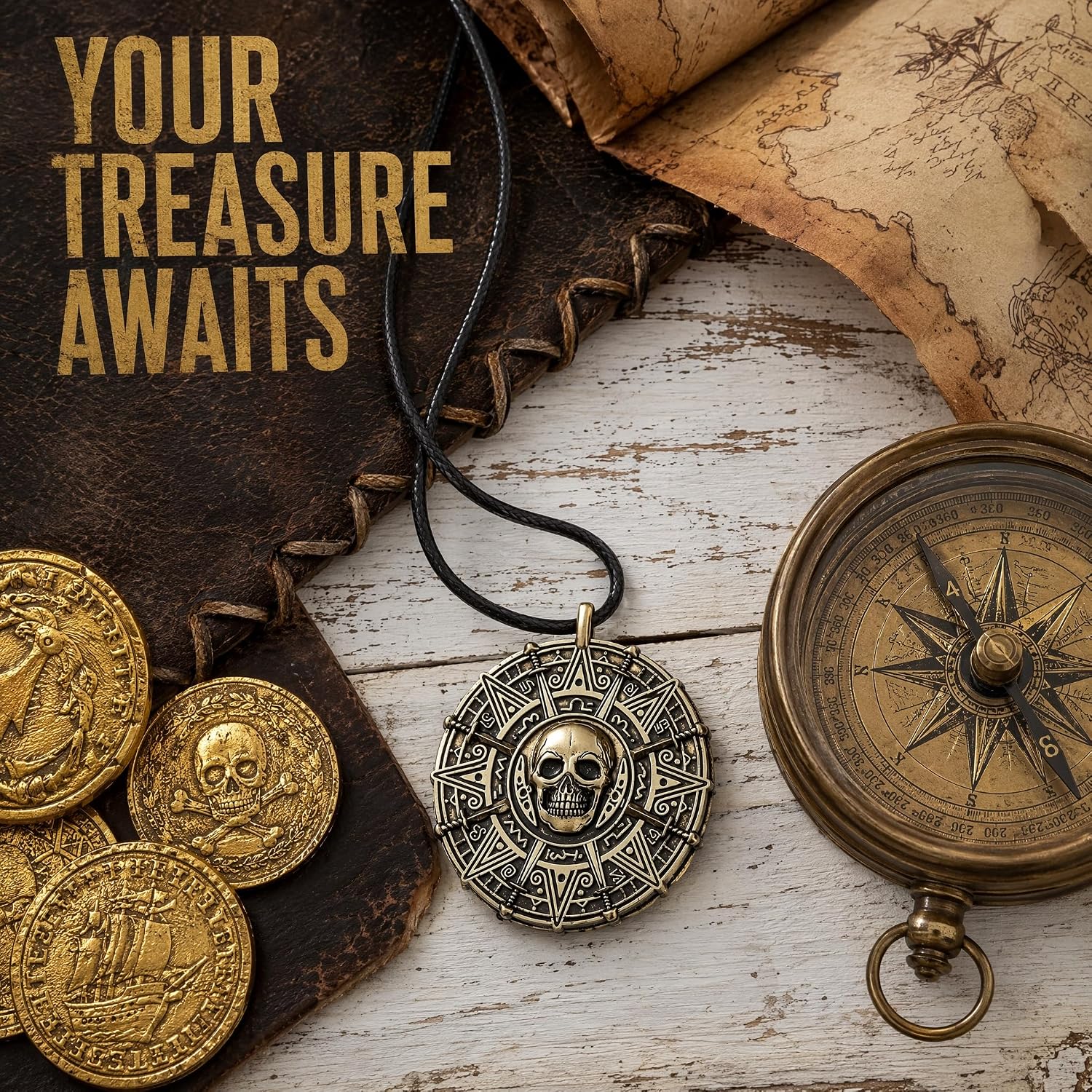 Miokkley Double-Side Skull Coin Pendant Pirate Halloween Costume Prop for Men Women Halloween Cosplay Dress Up Party Accessories Antique Bronze