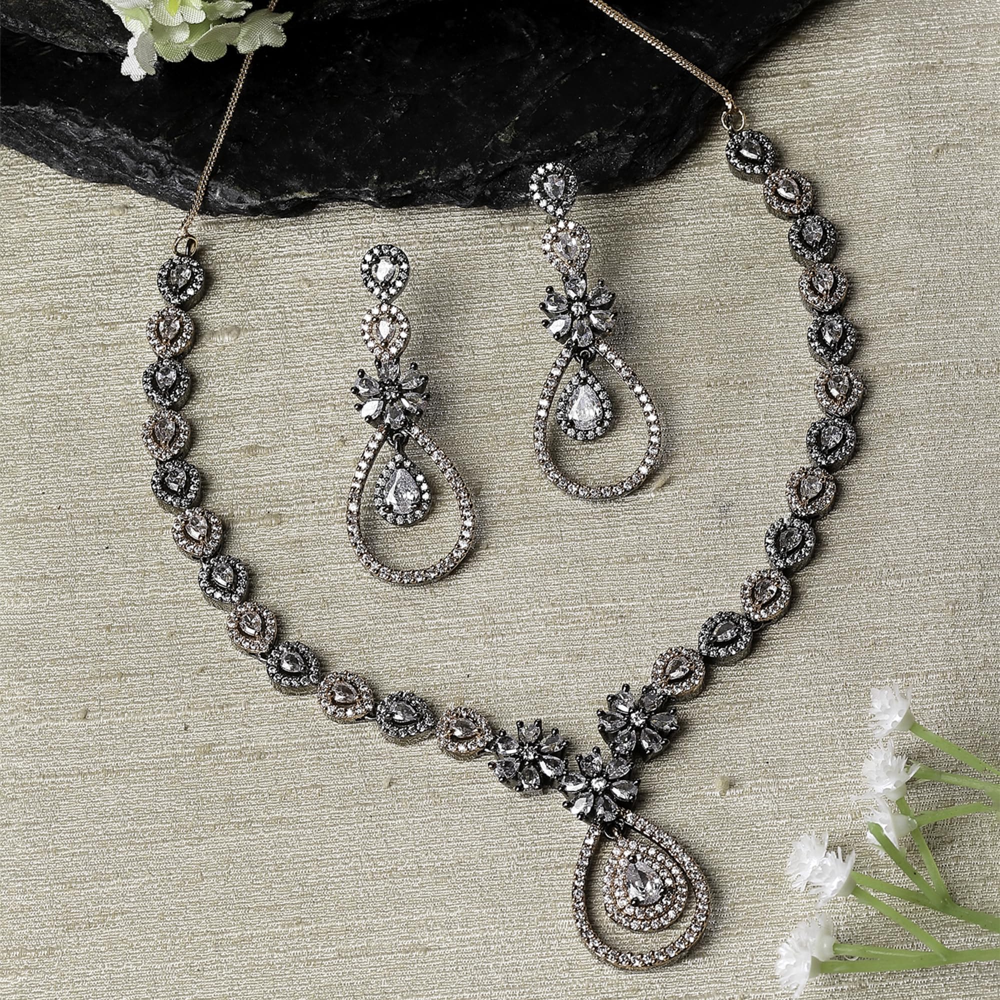 Gunmetal Toned AD Studded Teardrop & Floral Necklace Set