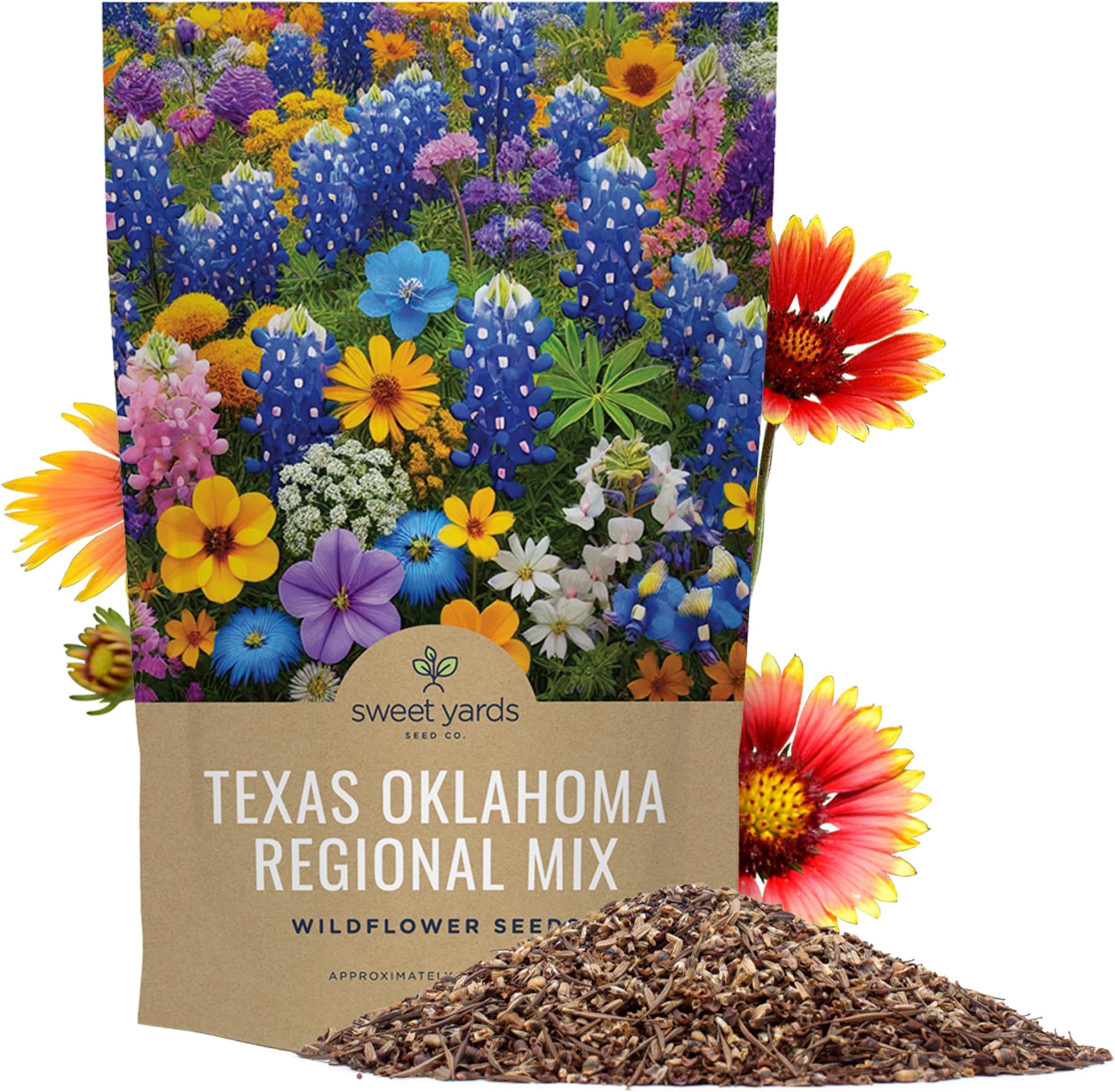 Texas Oklahoma Wildflower Seeds Mixture - Bulk 1/4 Pound Bag - Over 60,000 Native Seeds - Open Pollinated and Non GMO