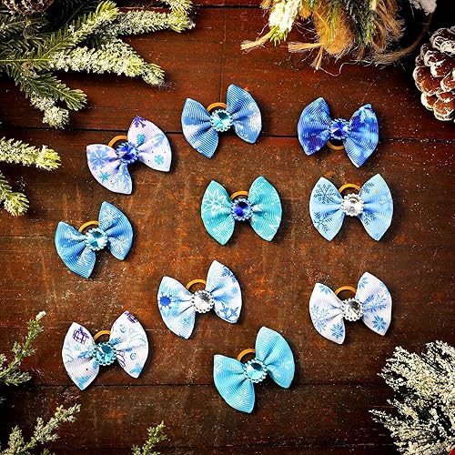 Miniatura 4 de Paquete de 100 lazos de invierno para perros con bandas de goma, lazos de copo de nieve para cachorros, accesorios para el pelo de mascotas, lazos