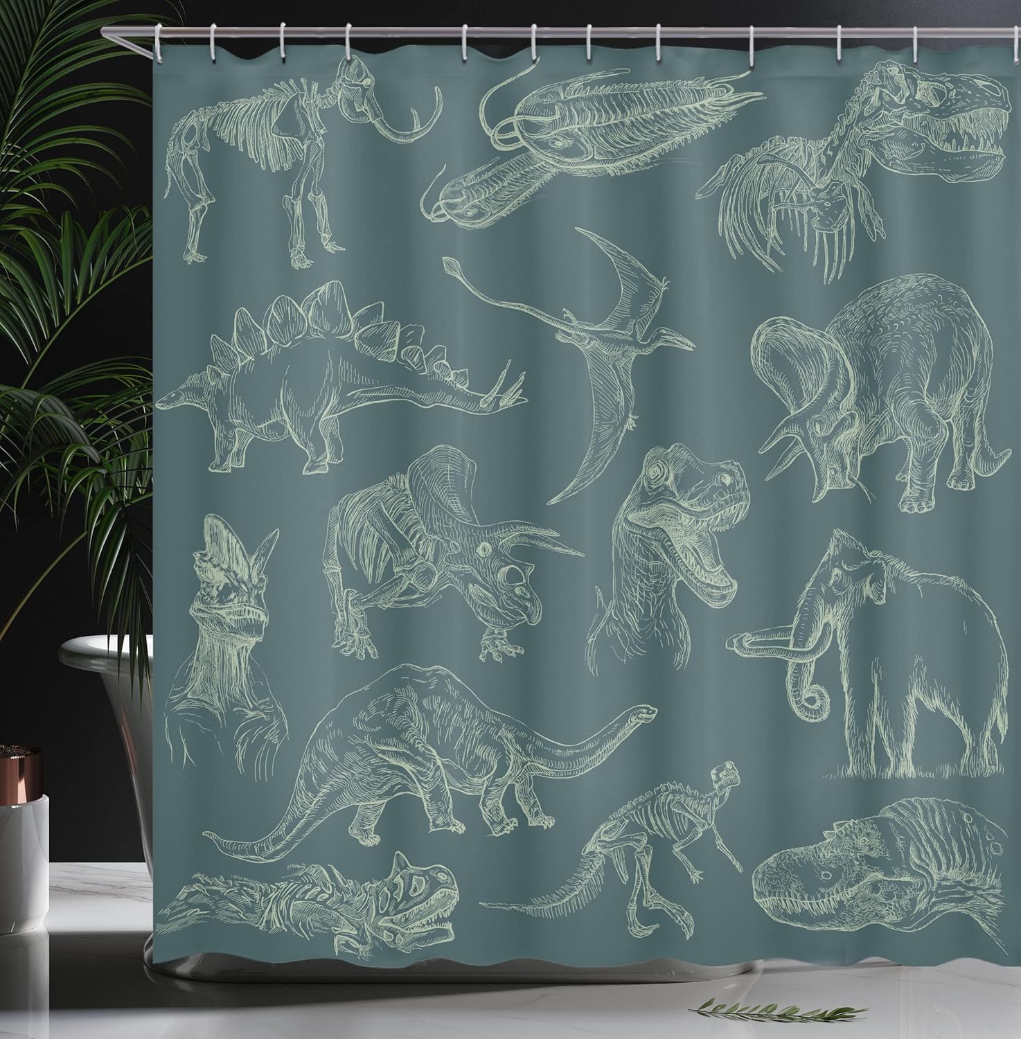 Ambesonne Jurassic Shower Curtain, Arrangement of Various Dinosaurs Illustrations Skeleton Biology Historic, Cloth Fabric Bathroom Decor Set with Hooks, 69" W x 70" L, Teal Dark