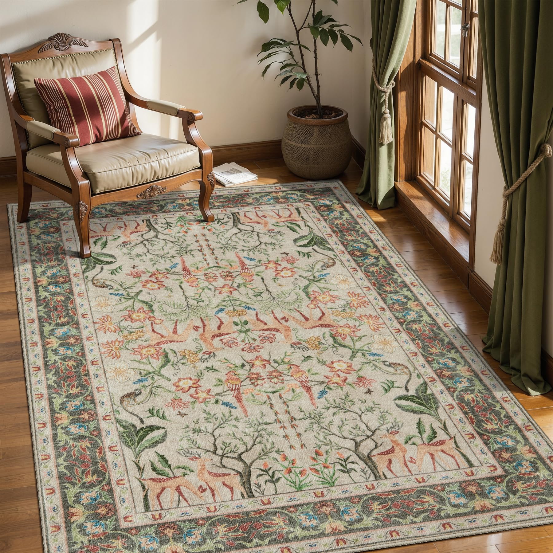 SERISSA Area Rug 4x6 Washable Rug Boho Animal Rugs for Living Room Bedroom | Vintage Soft Low Pile Carpet for Hallway Entryway Playroom Laundry Office Home, Non-Slip Indoor Carpets