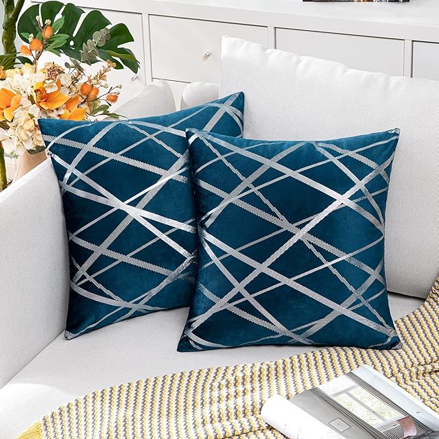 MIULEE Set of 2 Velvet Cushion Covers Silver Throw Pillow Case Decorative Square Bright Line Design Pillowcovers for Couch Livingroom Sofa Bed Bedroom 45x45 cm 18x18 Inch Navy
