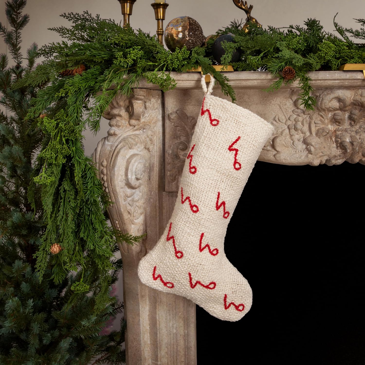 Creative Co-Op Woven Cotton Stocking with Embroidered Ho Ho Ho Pattern, Natural and Red