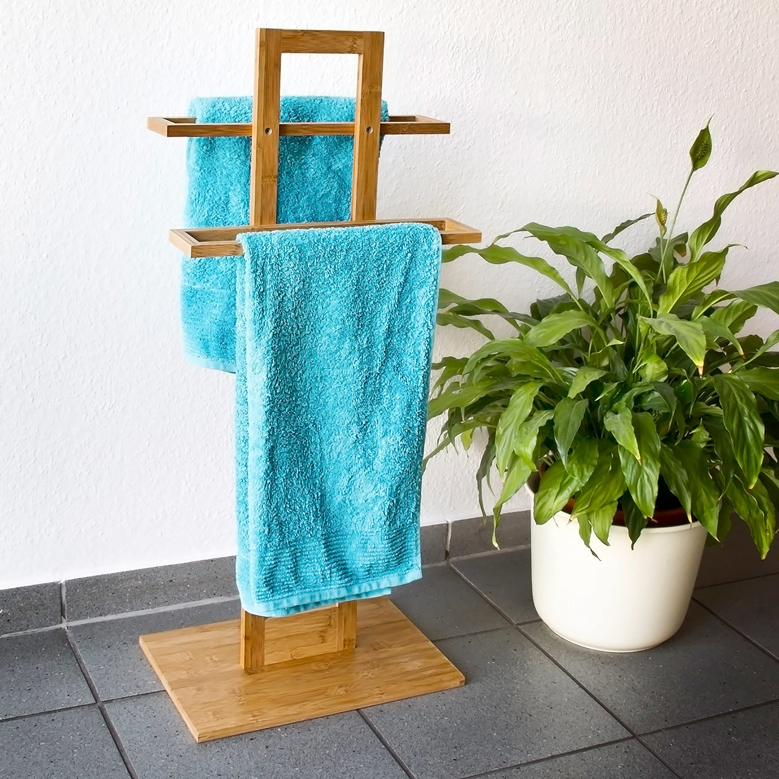 Relaxdays 10013083 Porte-serviettes sur pied en bois de bambou HxlxP: 85 x 37 x 25 cm 2 barres pour 2 serviettes salle de bain serviteur de chambre pour vêtements support pour serviettes, nature