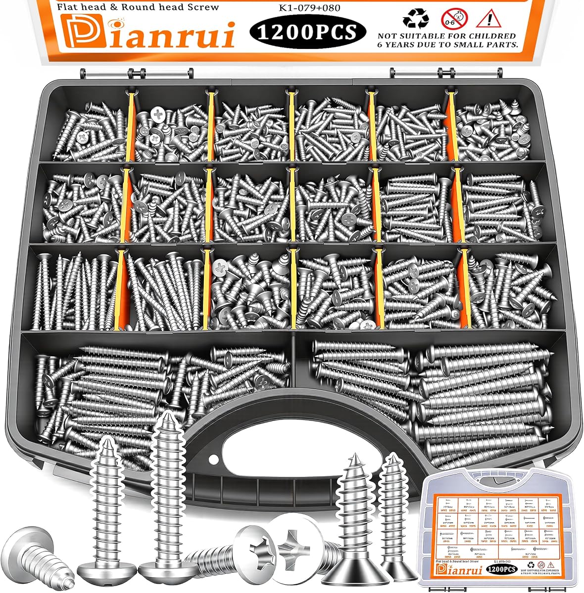 Dianrui Kit surtido de tornillos para madera de 1200 piezas, tornillos de acero inoxidable 304 surtidos M3/M4/M5/M6, juego de tornillos autorroscantes de chapa de metal Phillips de grado marino (tornillo de cabeza plana y plana) de longitud de 1/4" a 2"