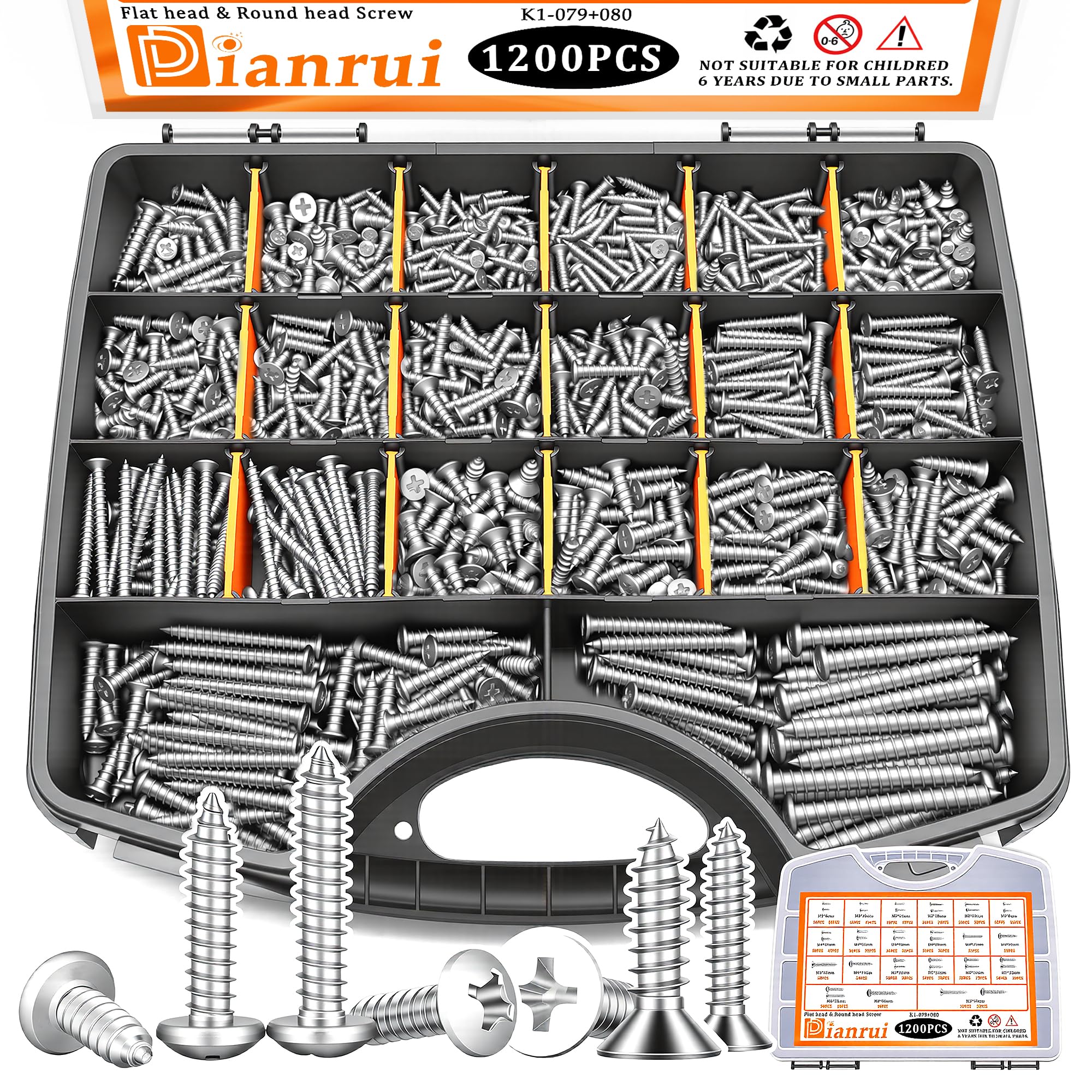Dianrui 1200-teiliges selbstschneidende Schrauben-Sortiment, M3/M4/M5/M6 Edelstahl, sortiertes Schrauben-Set, Holzschrauben-Sortiment (605 Stück Rundkopf und 595 Stück Flachkopf)