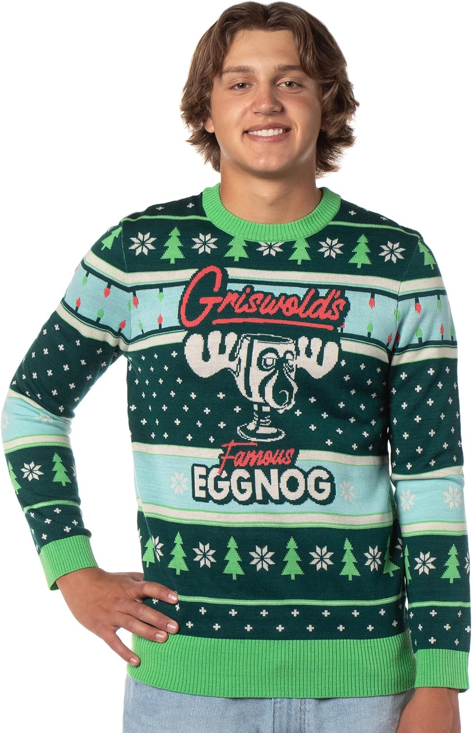 National Lampoon's Christmas Vacation Men's Marty Moose Eggnog Glass Cup Adult Funny Ugly Sweater for Christmas