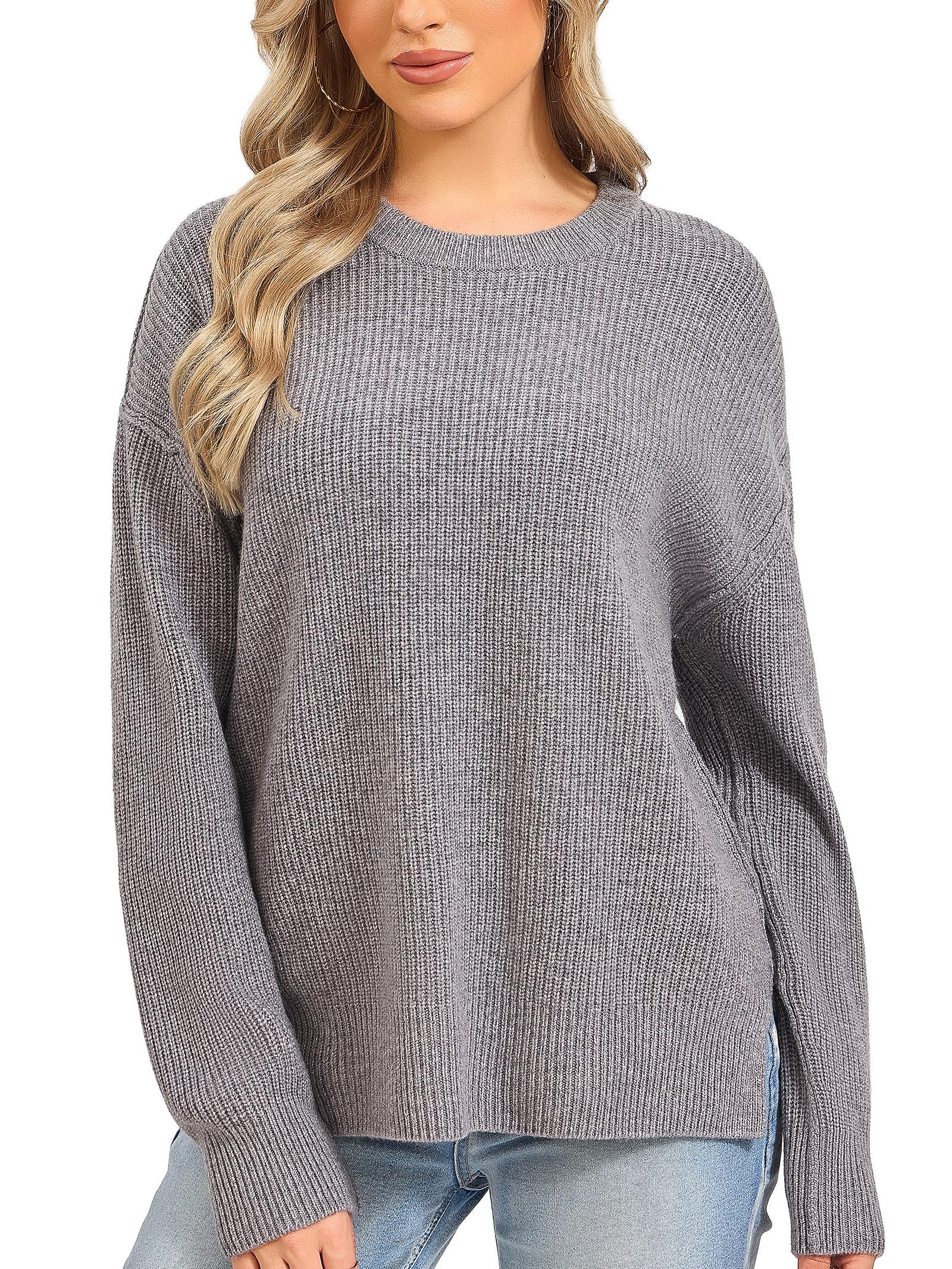 VETLRUY 100% MerinoWolle Rundhals Oversize Pullover Damen— mit Lockerem Fit Rippbund Seitenschlitzen für Frühling Herbst und Winter