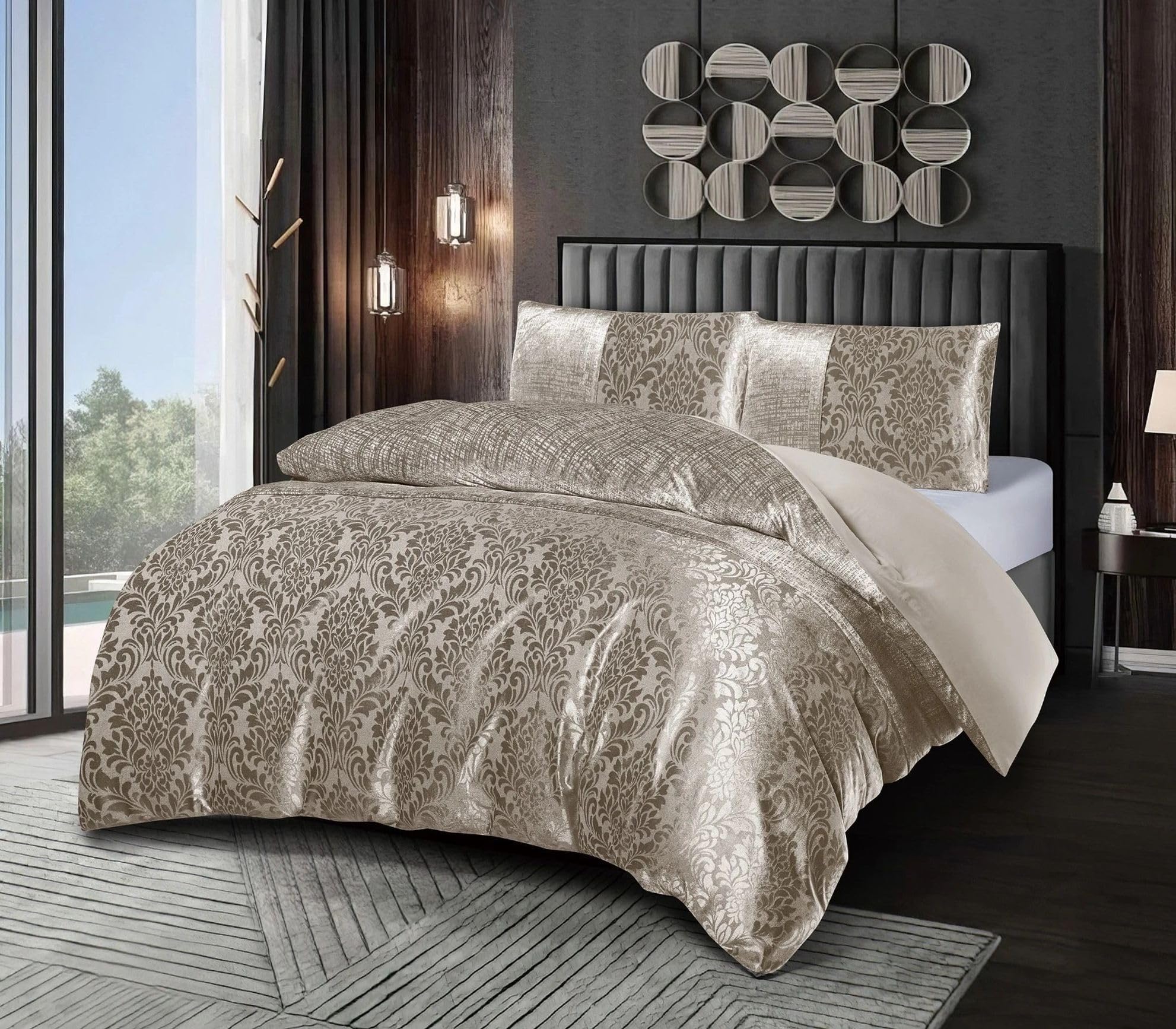 Feels Home Velvet Damask Jacquard King Duvet Cover Mink Set with Pillowcases Ultra Soft Microfiber Bedding Set King King and Super King
