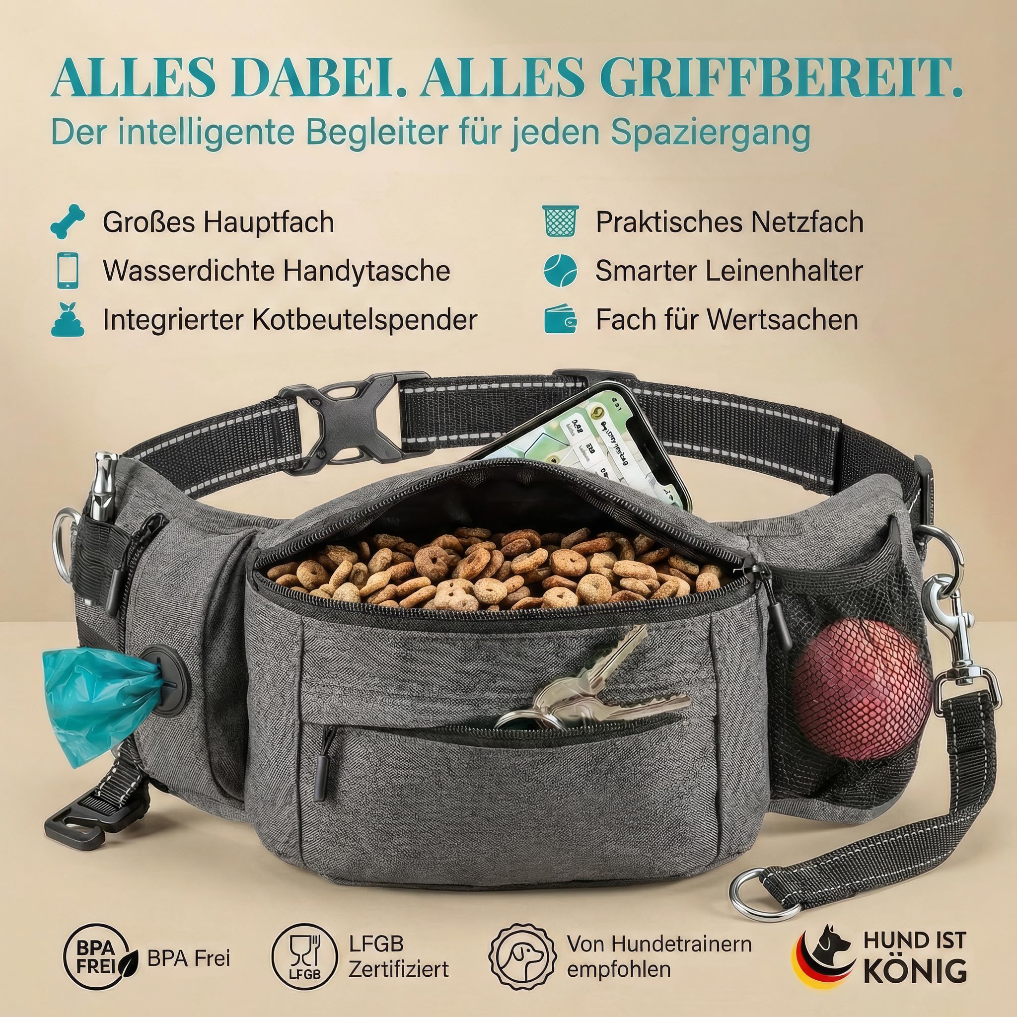 HUND IST KÖNIG Borsa per cani e accessori per cani – Robusto marsupio per cani – Borsa per cibo per cani con dispenser per sacchetti, scomparto per cellulare e tracolla per cavi flessibili