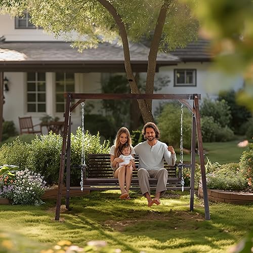 Miniatura 2 de Finnhomy Marco de columpio de madera resistente de 880 libras, banco de madera para columpio de patio con cadenas para colgar, marco en A mejorado