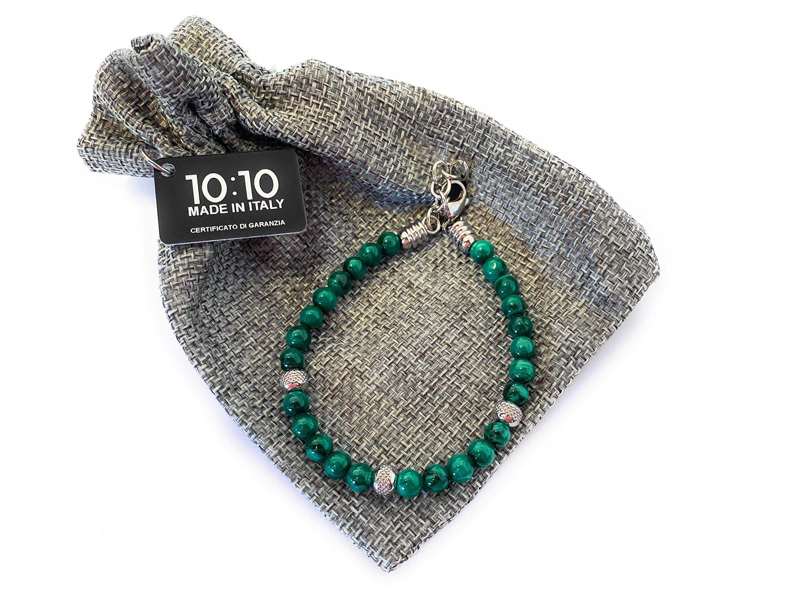 10:10 Bracciale in acciaio inox e pietre naturali di malachite da 6 mm e perle in acciaio inox, bracciale per uomo e donna molto resistente prodotto in Italia.
