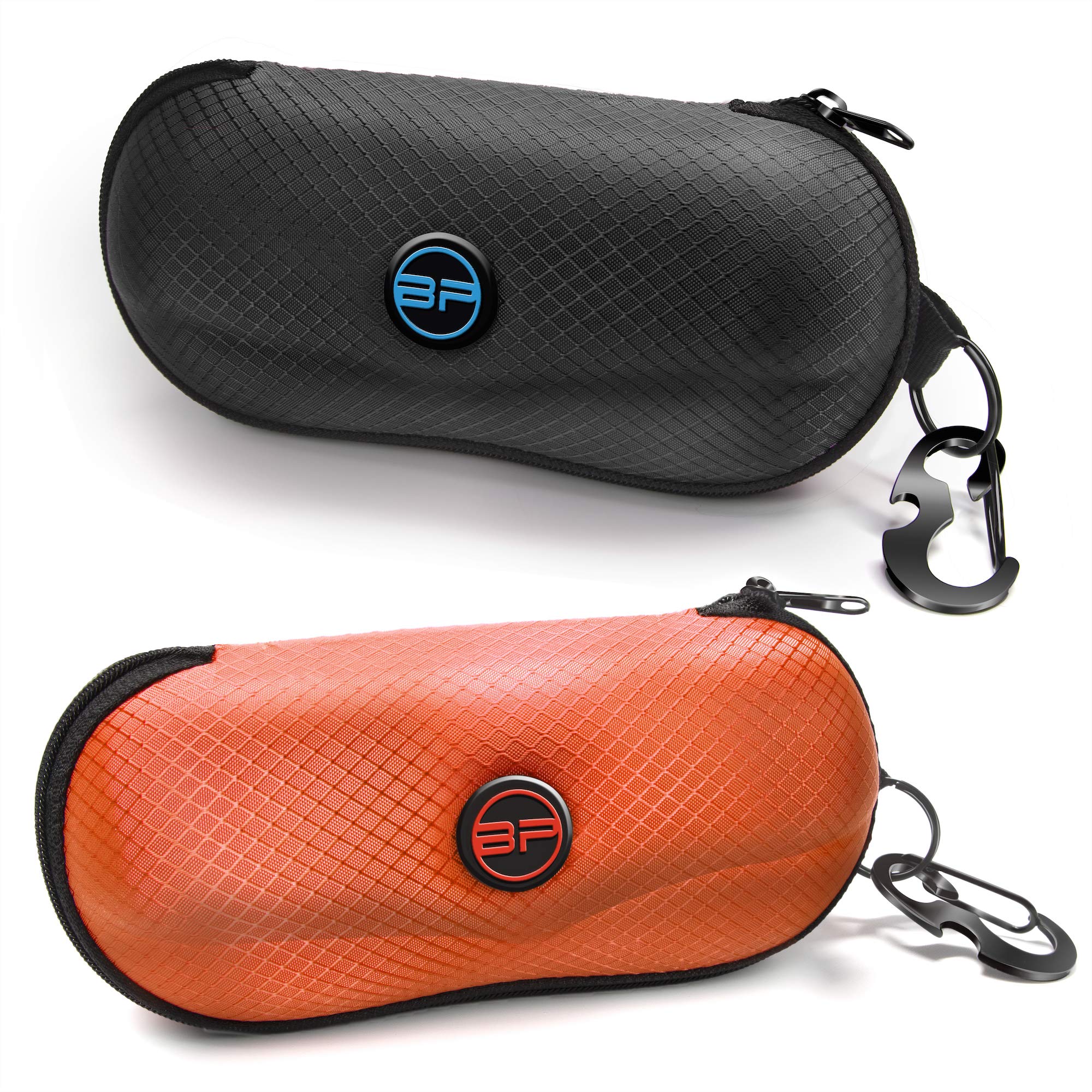 BLUPOND Étui à lunettes de soleil semi-rigide en EVA avec crochet de suspension en métal/clip ceinture, rangement pour lunettes de soleil (noir/orange)