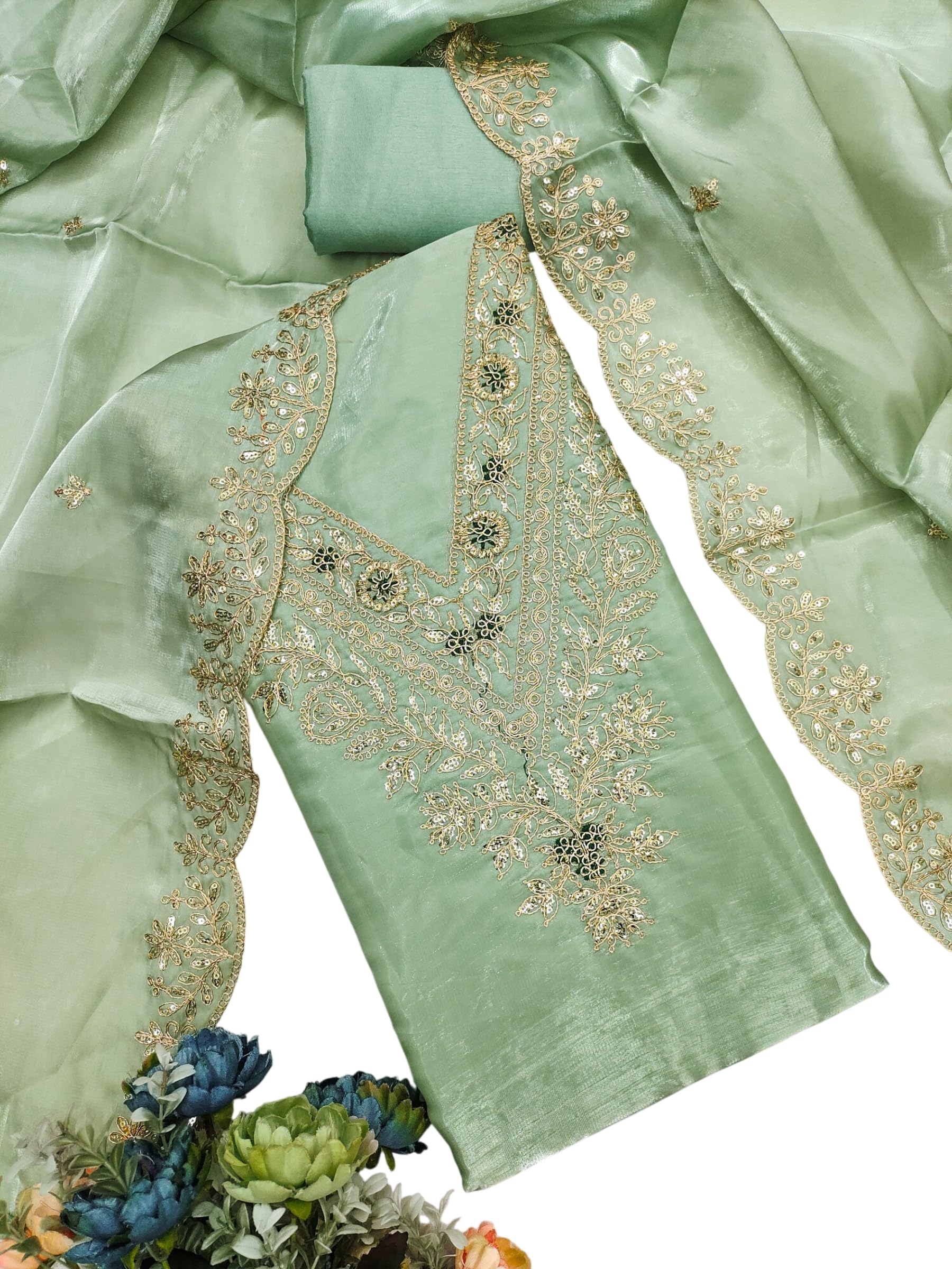 Women's Chinon Silk Sequence Embroidery Work Unstitched Salwar Suit Dress Material-image-13