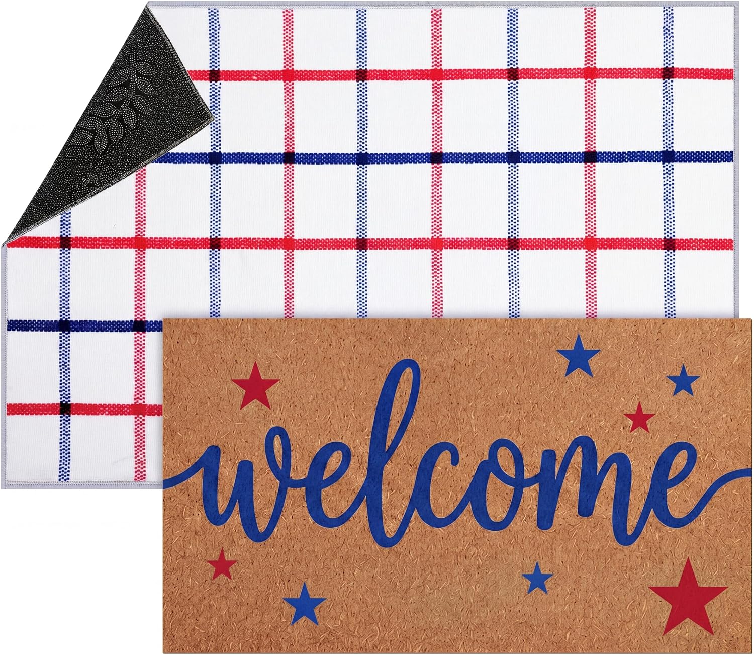 Dunzy 2 Pcs 4th of July Door Mat Patriotic Imitation Coir Front Doormat Independence Memorial Day Star 250th Anniversary Red White Blue Door Mat Non Slip Front Porch Entryway Decor(Hello)