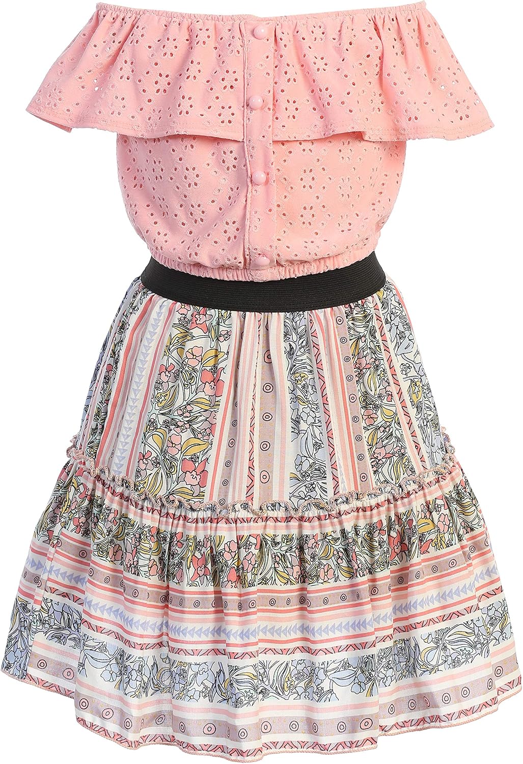 iGirlDress Girls 2 Piece Summer Outfits Off Shoulder Crop Ruffle Layered Eyelet Top and Skirt Casual Set 4-14