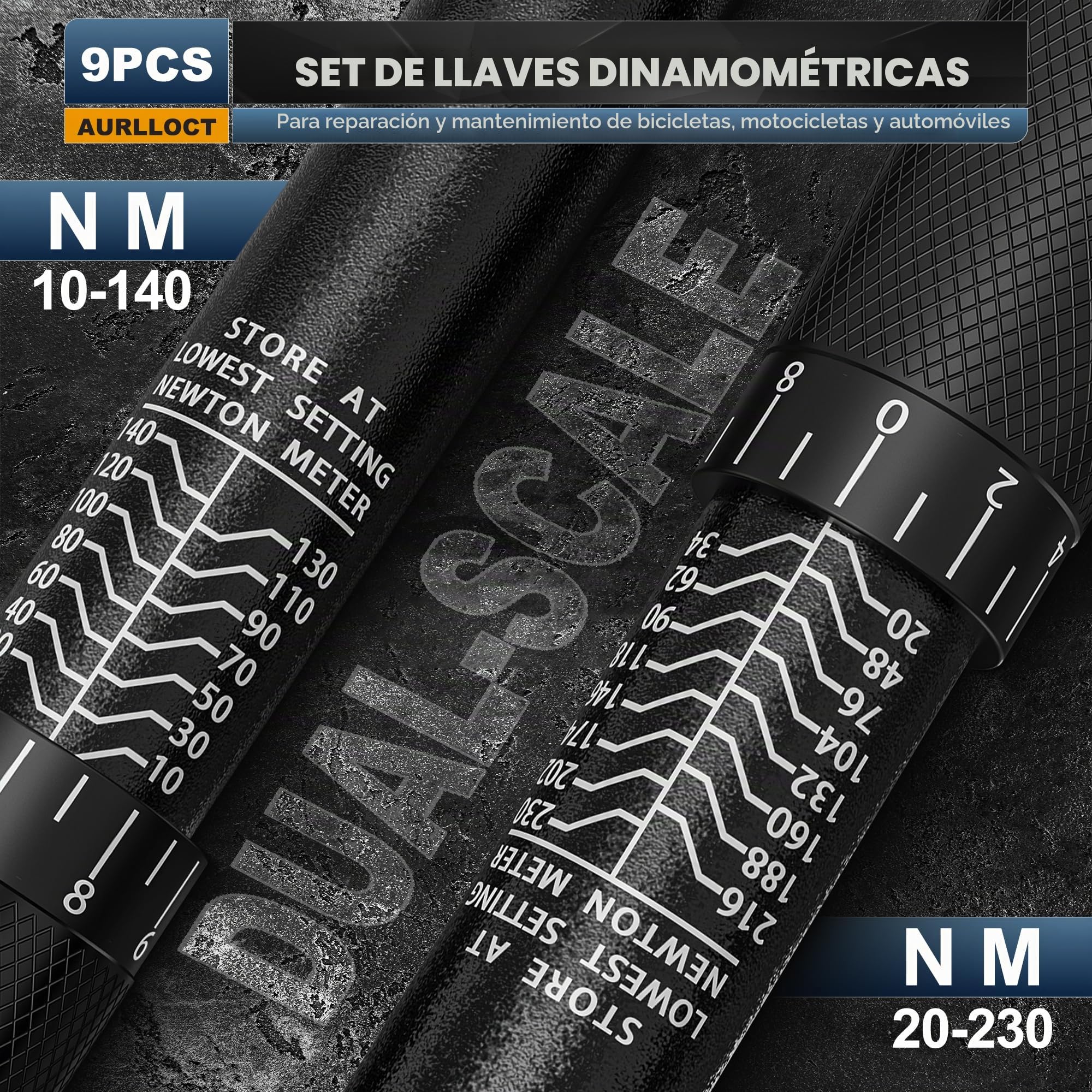 Juego Llave Dinamométrica 1/4" 3/8" 1/2", 9 Piezas 72 Dientes para Coche Moto Bici