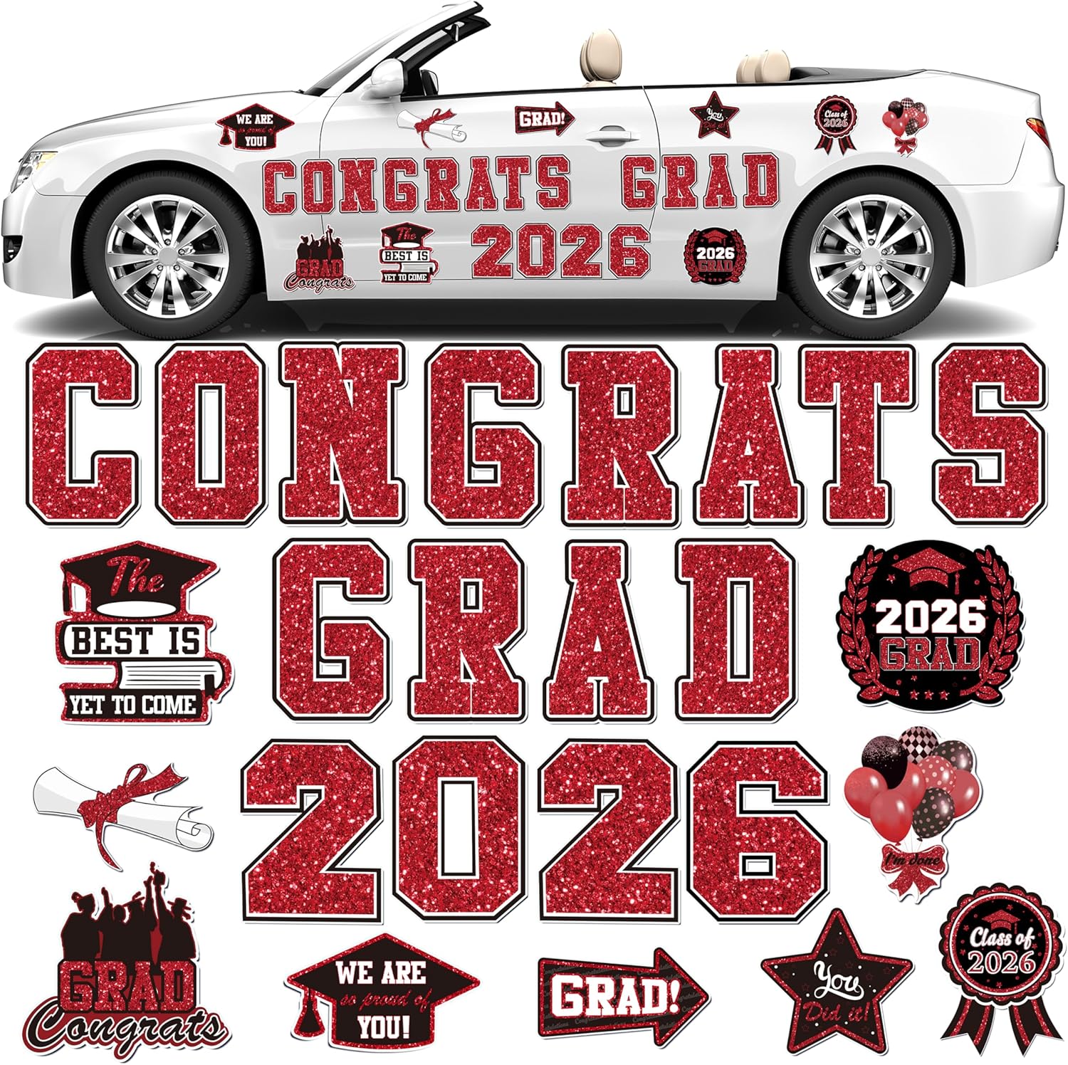 2026 Graduation Car Magnet Decoration 25Pcs, Magnetic Congrats Grad 2026 Refrigerator Garage Door Stickers, Class of 2026 Graduation Car Magnet Decal for Parade Decor Graduation Party Supplies