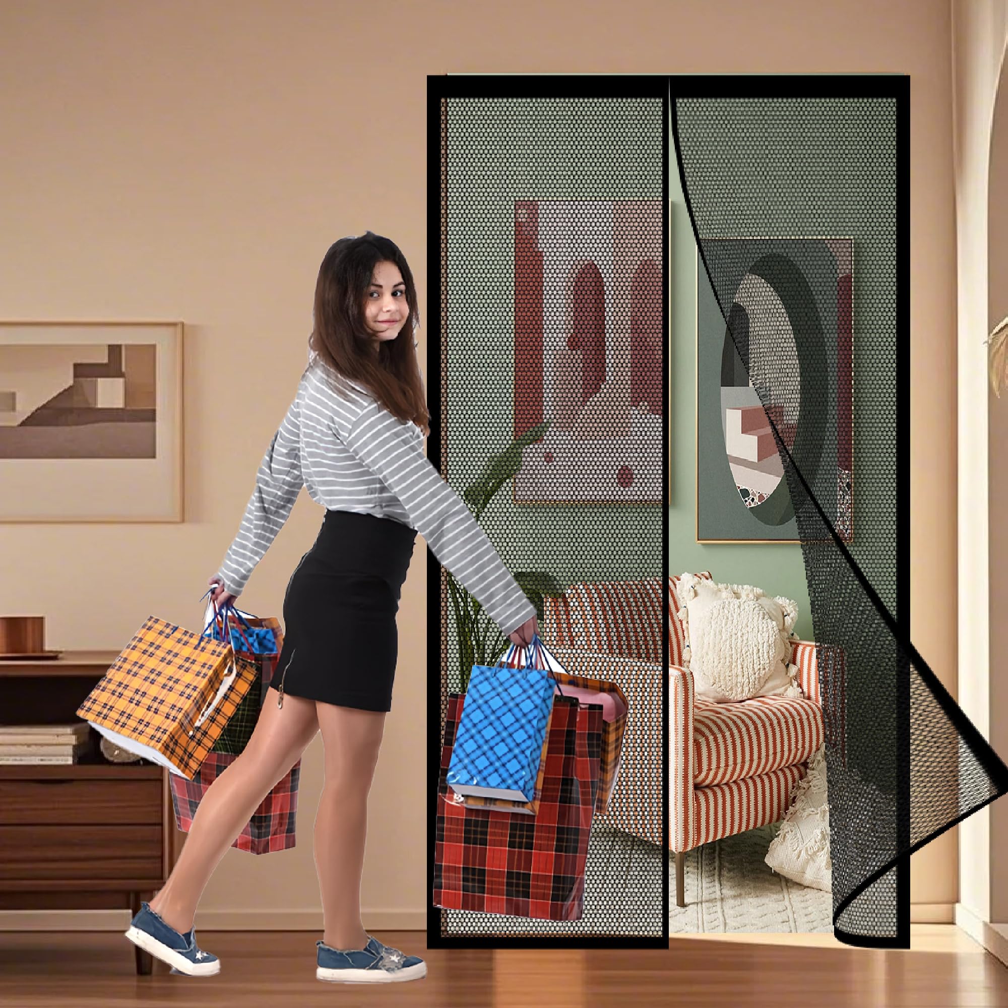 Magnetic Fly Screen Door 203 x 205 cm Insect Mesh for Keeping Out Flies & Bug No Drilling Keeping Out Flies for Balcony and Patio Door, Black