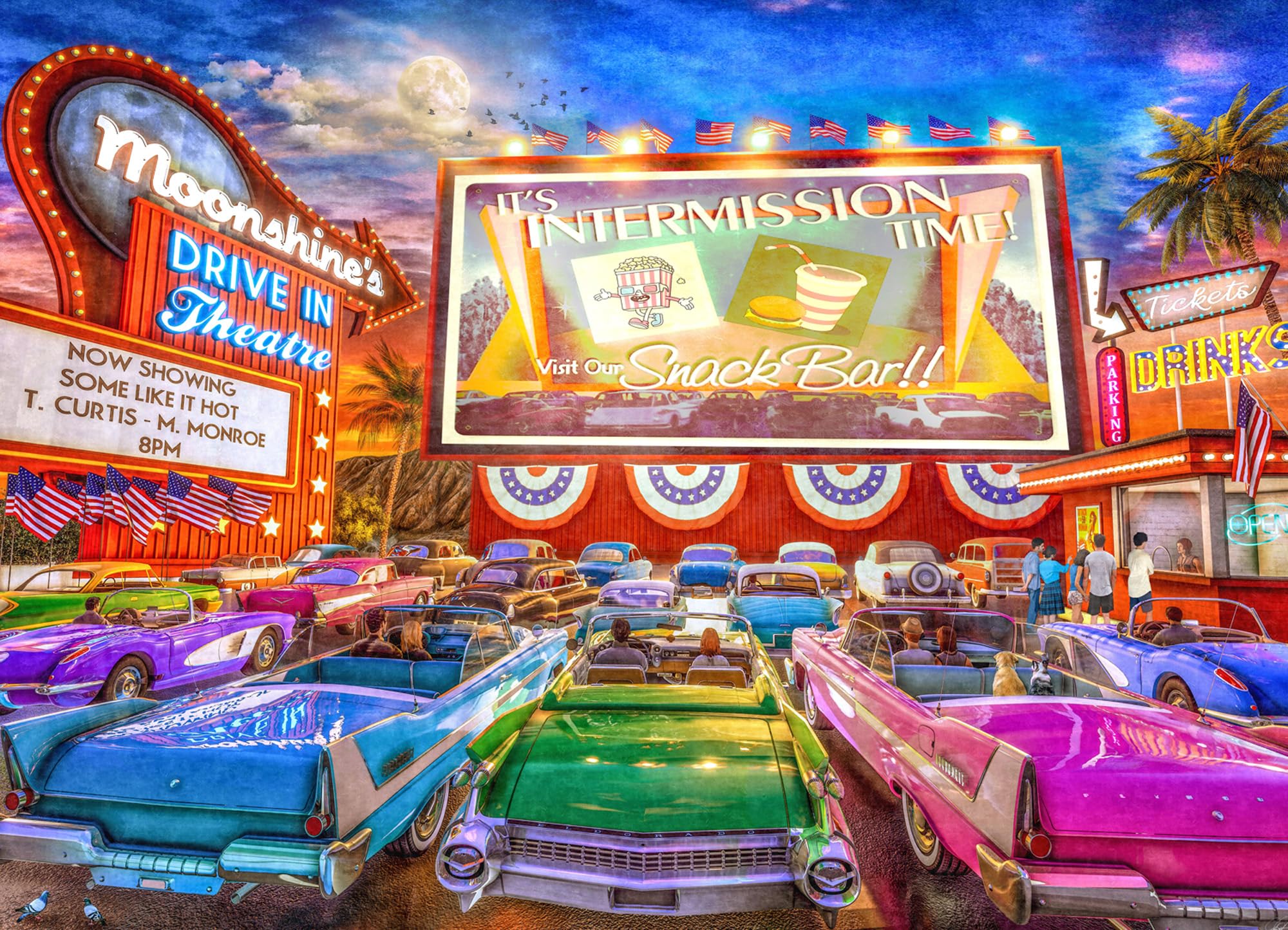 Vintage Drive-in Jigsaw Puzzle 1000 Piece by Vermont Christmas Company, Fully Interlocking & Randomly Shaped Pieces