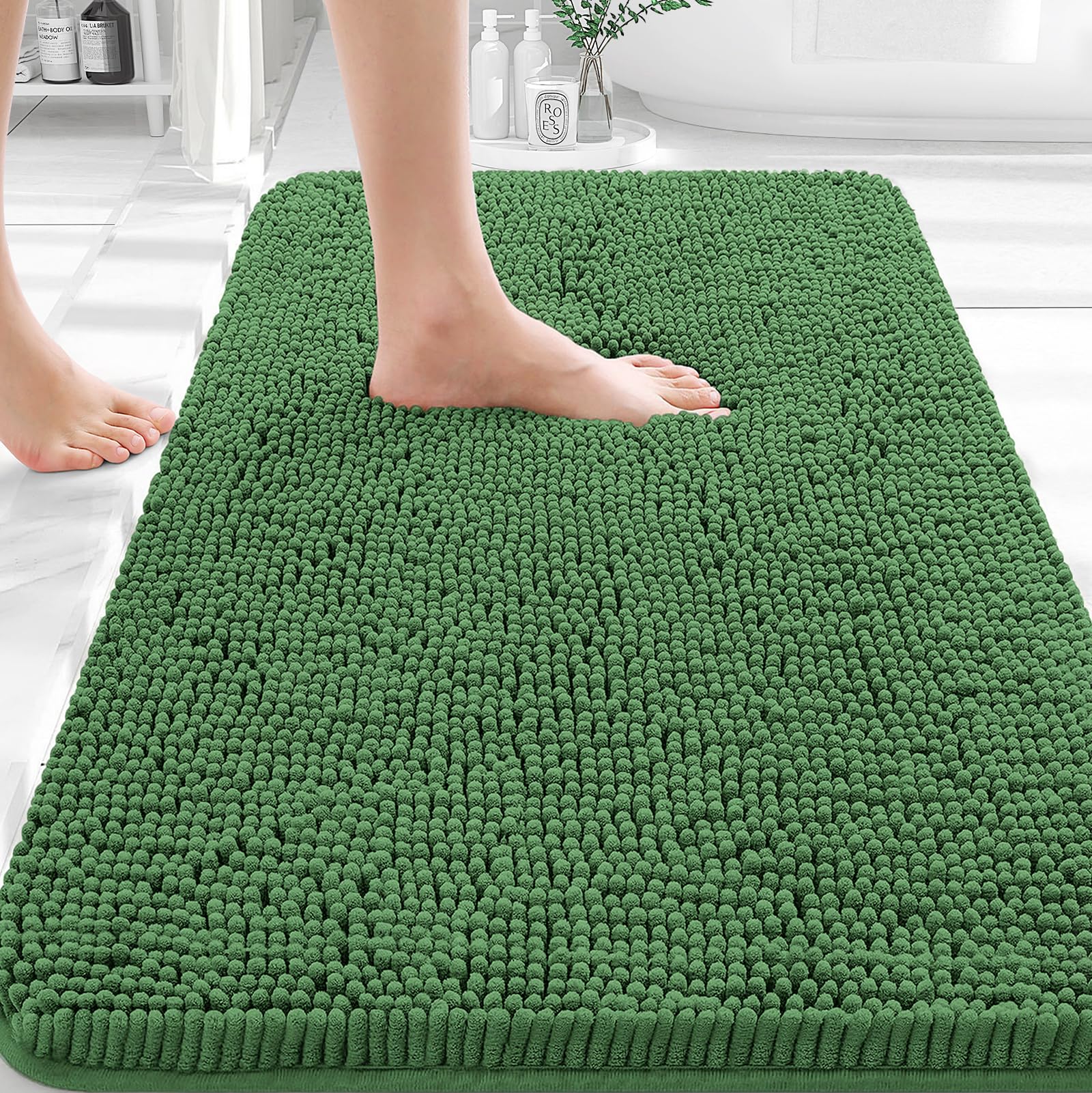 OLANLY Small Bathroom Rugs 30x18, Extra Soft Absorbent Chenille Bath Rugs | Olive Green, Quick-Drying Rubber Backing, Washable Bath Mat for Bathroom Floor, Tub and Shower, Home Decor Accessories