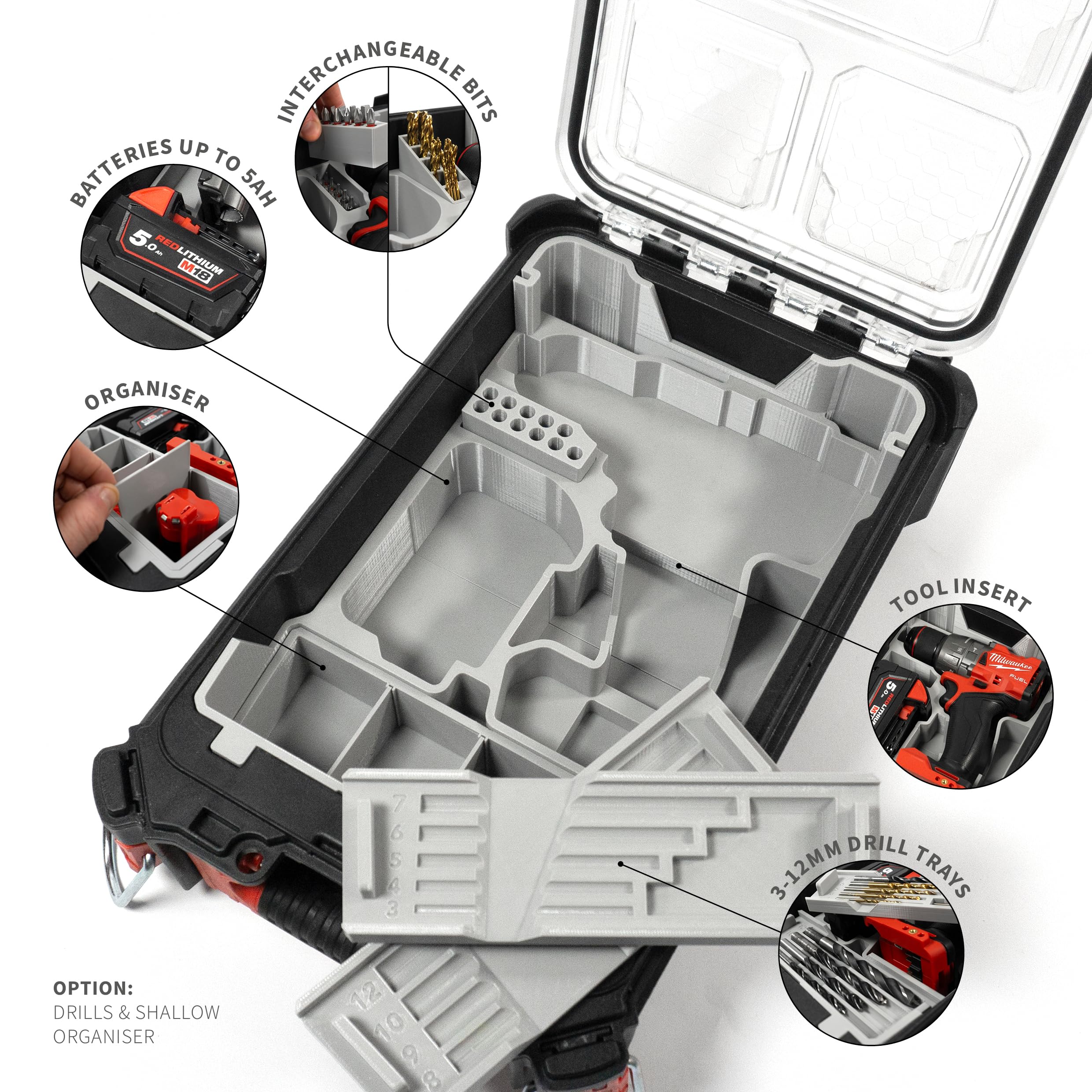 Taca na wkładkę kompatybilna z Milwaukee M18 Combi Drill FPD3, 2903-20, 2904-20 i PACKOUT Kompaktowy organizer (czarny, tacki na wiertła i płytki organizer)