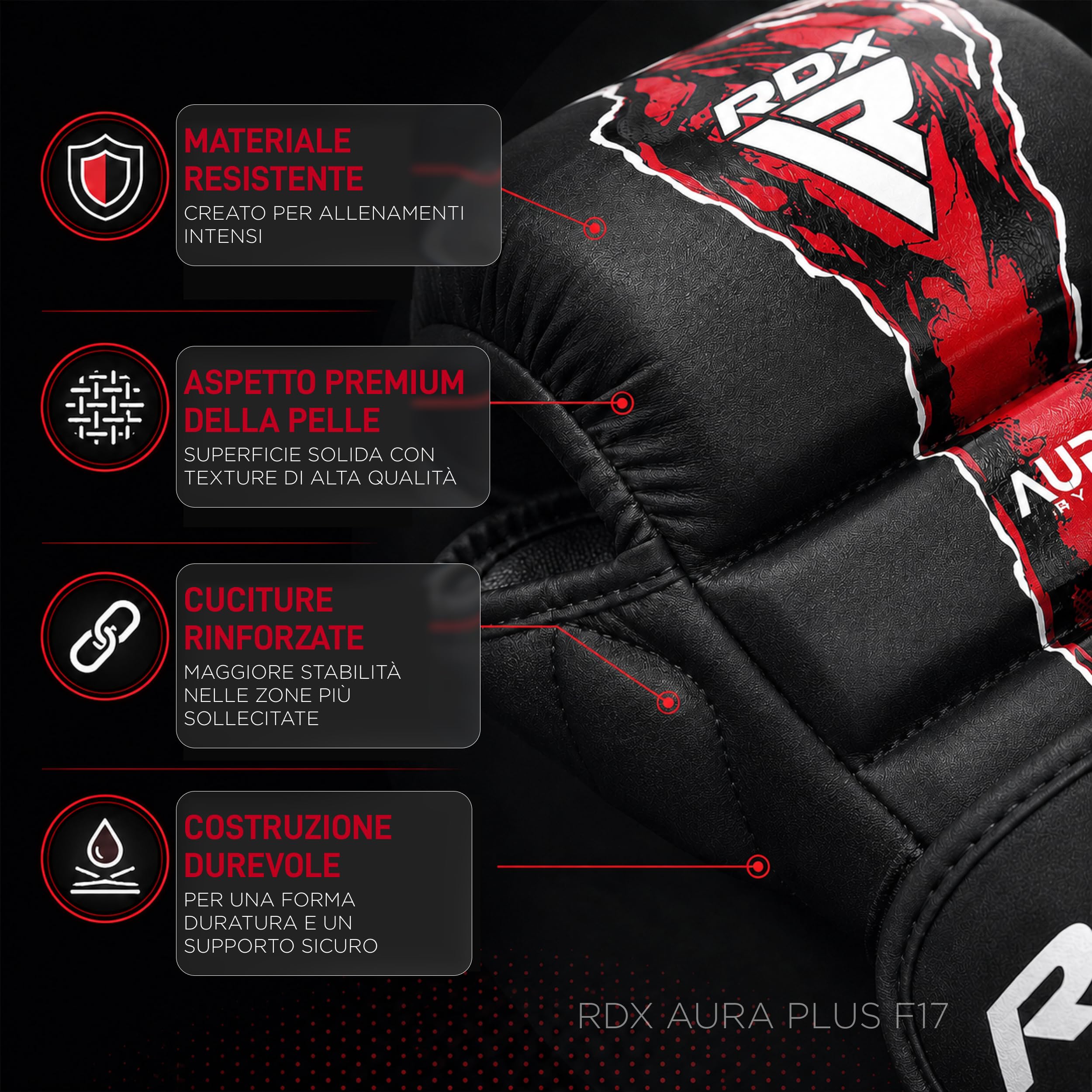 RDX New Aura Plus F17 Guanti da Grappling per Uomo e Donna, Guanti MMA a Palmo Aperto, Guanti da Allenamento per Presa, Sparring e Lotta a Terra, Imbottitura Ammortizzante, MMA Gloves