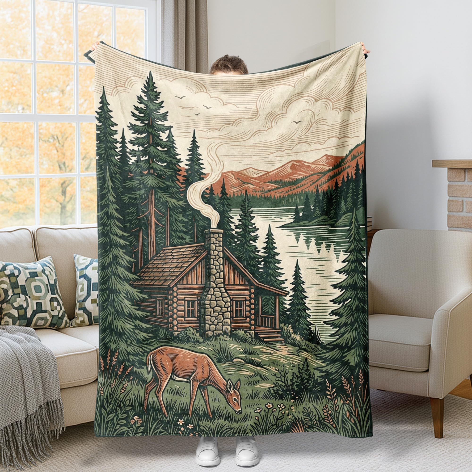Couverture cabane rustique cerf pin vert plaid peluche léger lit sofa