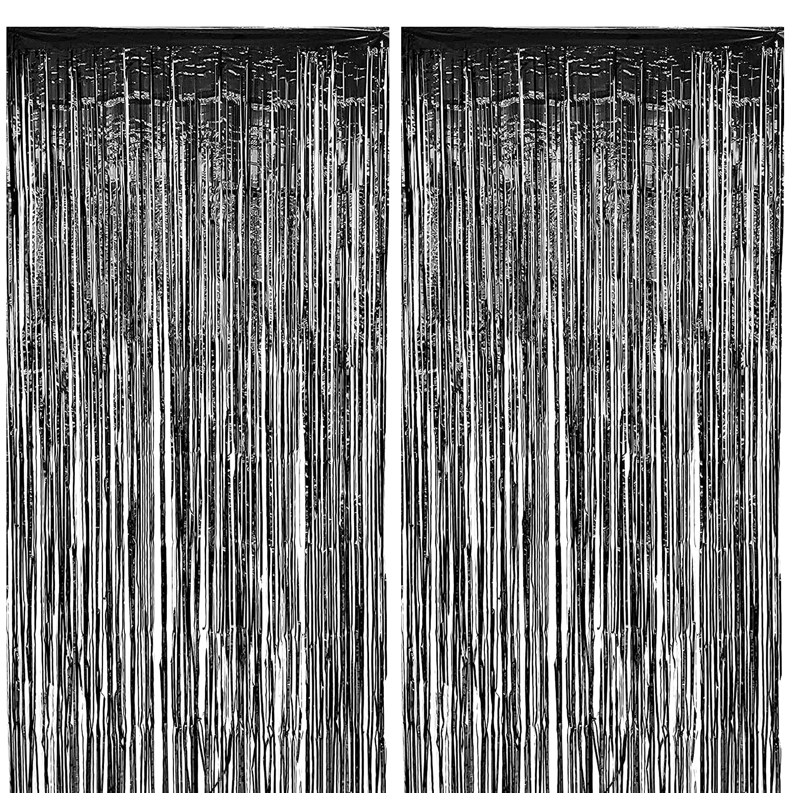 Beauenty 2pcs Tinsel Foil Shimmer Fringe Rain Curtains Backdrop Curtain for Photo Background Decorations, Shimmer Tinsel Curtain Backdrop for Birthday Wedding Prom Party Decoration, 1 x 2Meter (Black)
