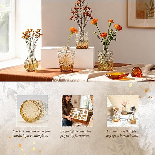 Miniatura 2 de Der Rose Juego de 12 jarrones de cristal ámbar, pequeños jarrones para flores, centros de mesa rústicos de boda y decoración del hogar