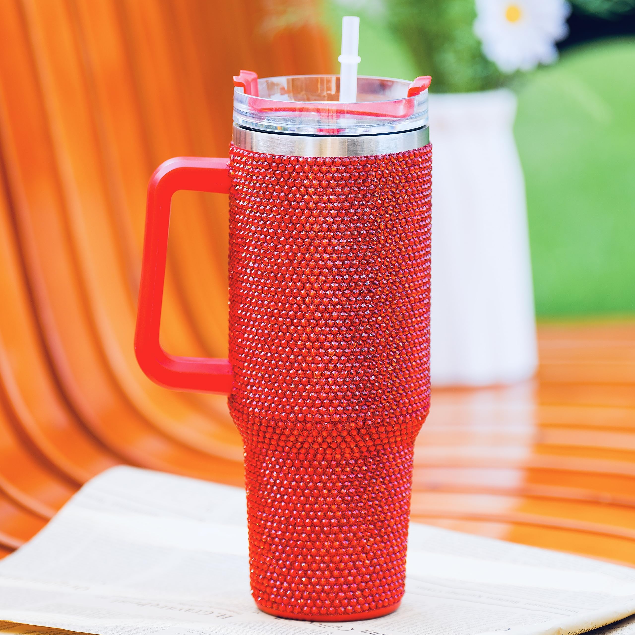 Trinkbecher mit Griff, Strasssteine, Trinkbecher mit Deckel und Strohhalm, isoliert, Edelstahl, doppelwandig, Reisebecher für Damen, 1,2 l, Rot