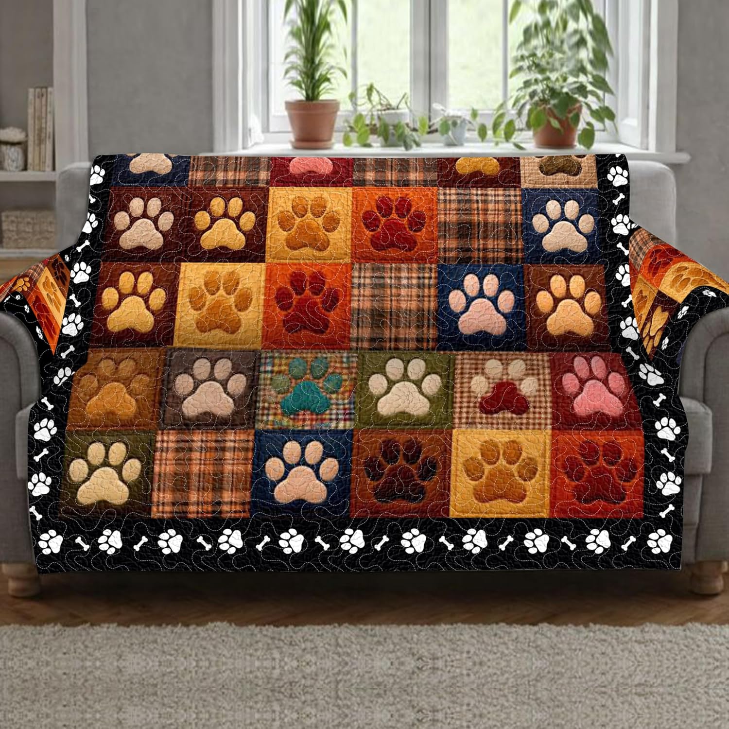 Custom Paw Print Patchwork Sofa Cover, Quilt Cover Couch Protector for Chair, Loveseat Sofa - Dog Lover Couch Throw Non-Slip for Living Room Decor, Washable Cover for Pet Owners (#1)