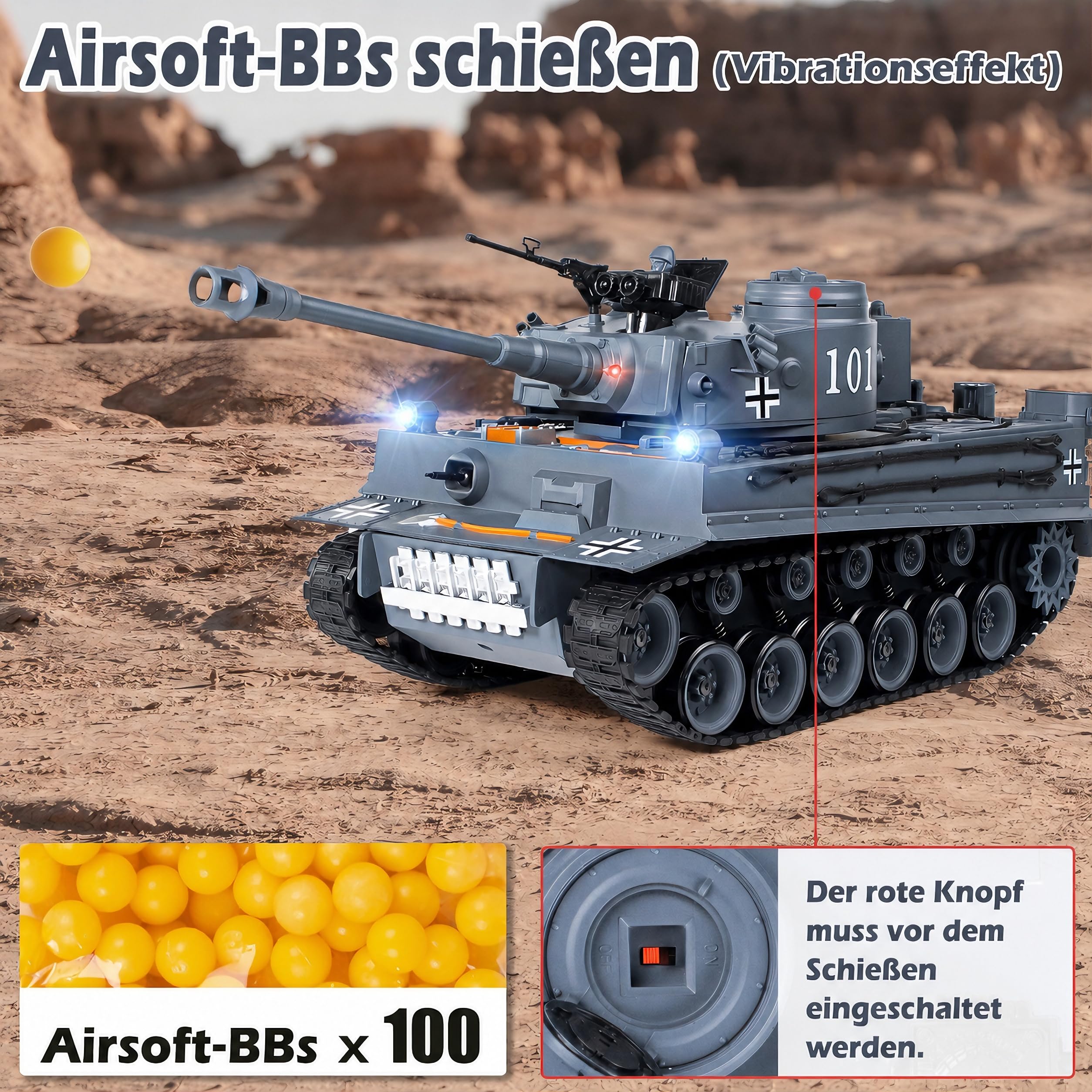 RC Panzer Ferngesteuert Tiger I 1:18 WW2 Modell mit Rauch, Licht und Sound | 2.4GHz Steuerung mit BB-Schussfunktion, Licht & Sound, Militärmodell als Geschenk für Kinder und Erwachsene