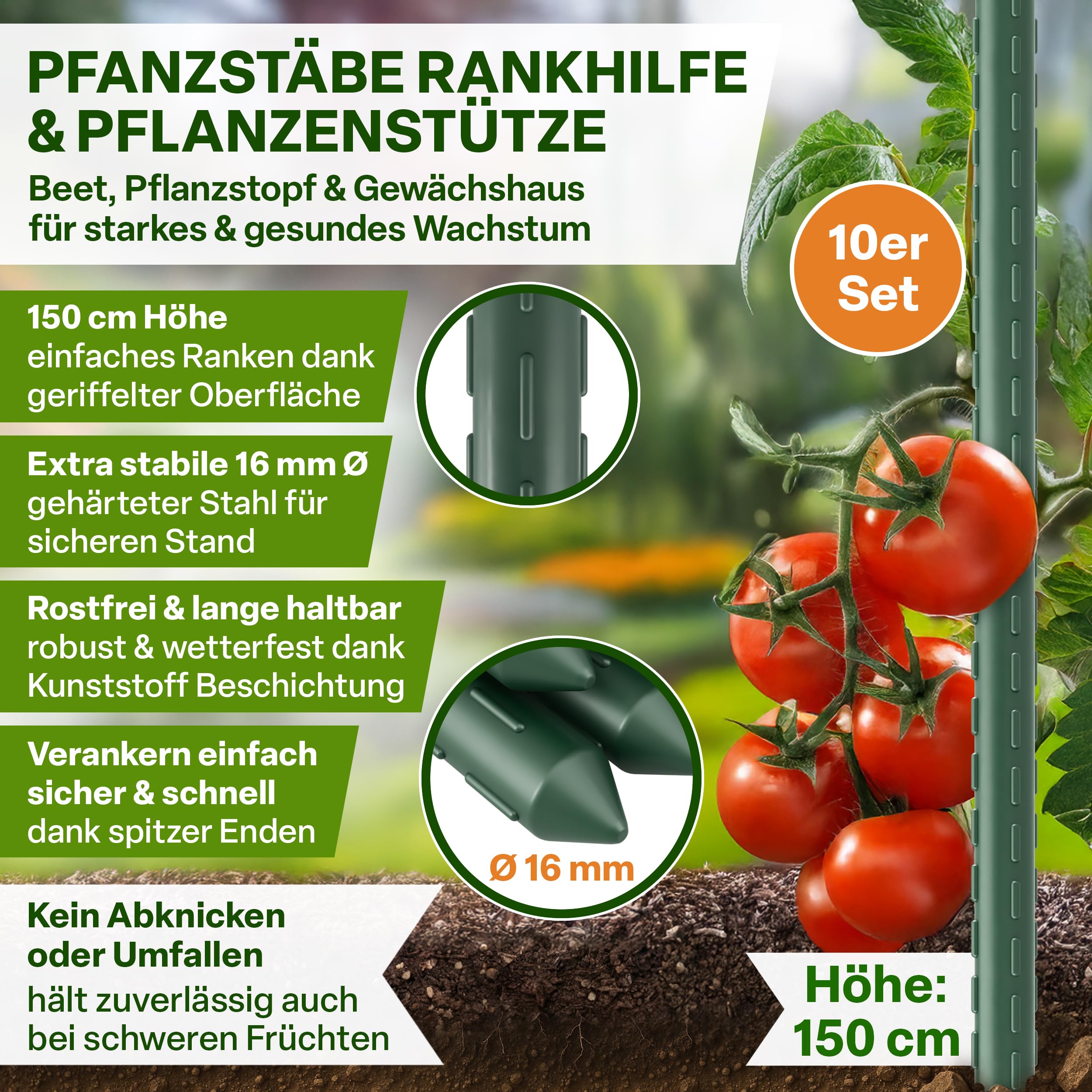 TTL GARDEN Rankstäbe 10er Set 150cm x 16mm Ø grün - extra stabile 16 mm Rankhilfe Pflanzstäbe + Klettband - Stahl rostfrei kunststoffbeschichtet Pflanzenstütze Blumenstütze Tomaten Paprika & Blumen