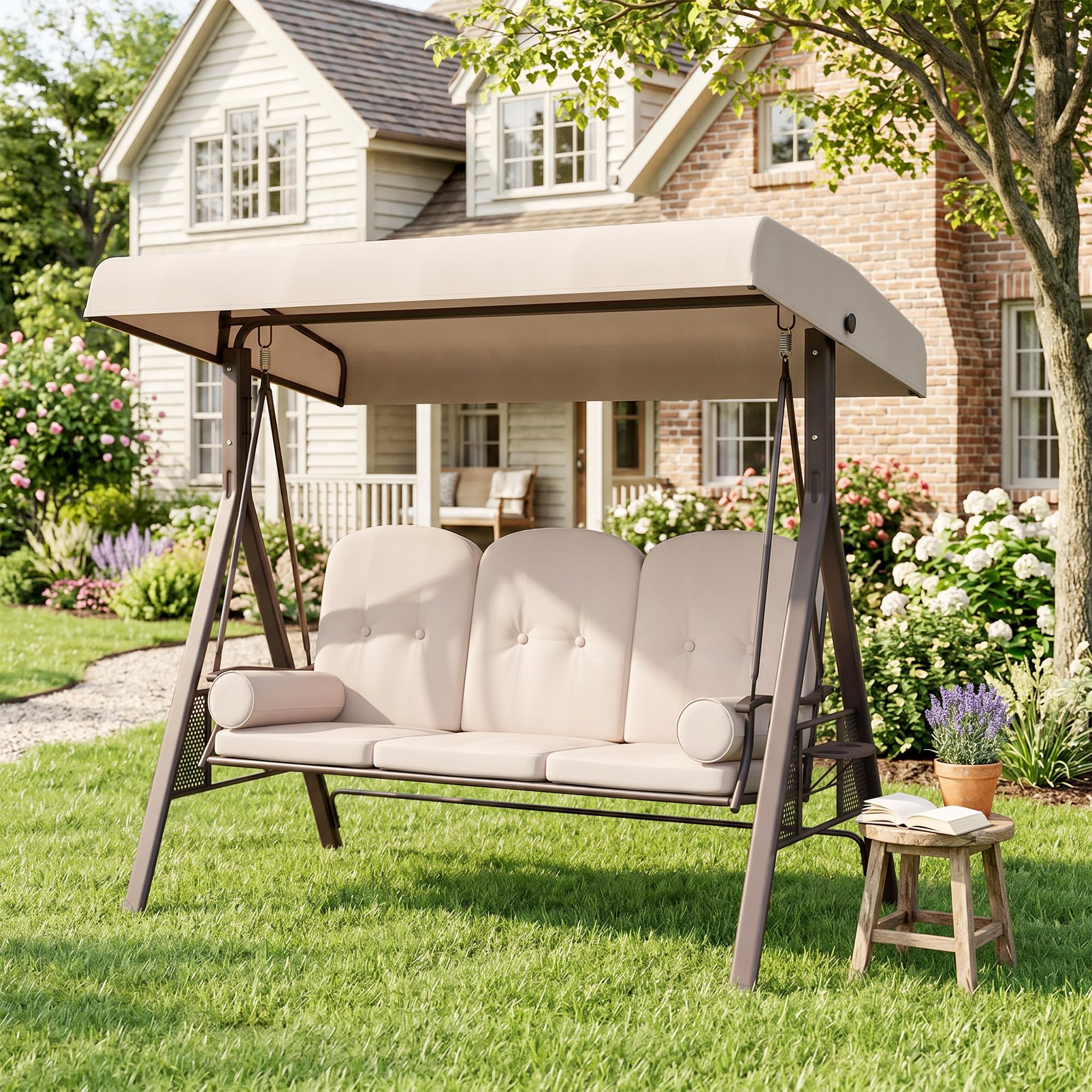 Outsunny Balancelle de Jardin 3 Places Grand Confort Toit Inclinaison réglable Coussins Plateaux rétractables Beige