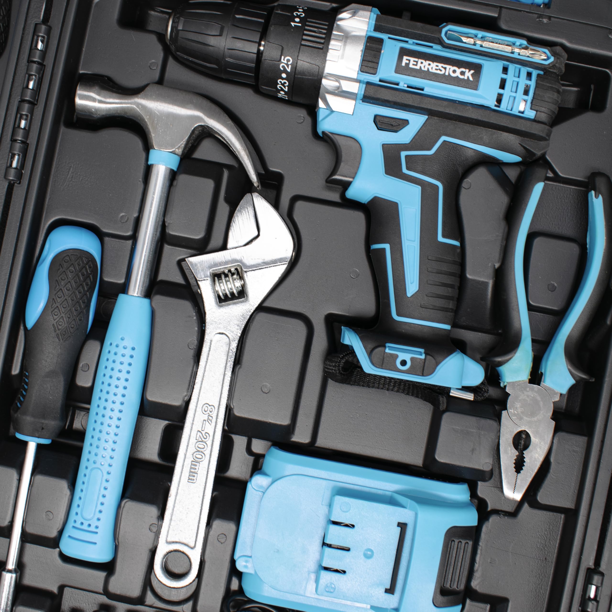 Ferrestock Bricoset FSKTAB101PLUS Taladro percutor 21V a batería con herramientas y accesorios para la mayoria de trabajos del hogar inclye caja de almacenaje