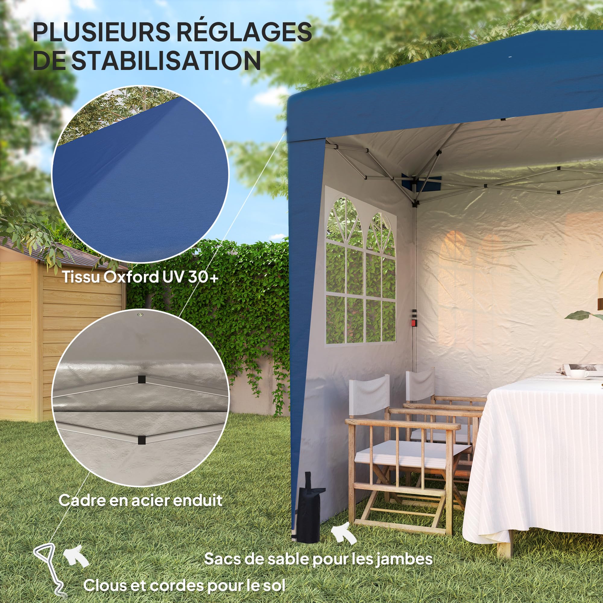 Outsunny Tonnelle de jardin pliante pop-up 2 x 2 m tente de réception hauteur réglable 3 niveaux Anti-UV 30+ 3 parois latérales avec 4 sacs de sable et 1 sac de transport tissu Oxford acier bleu foncé