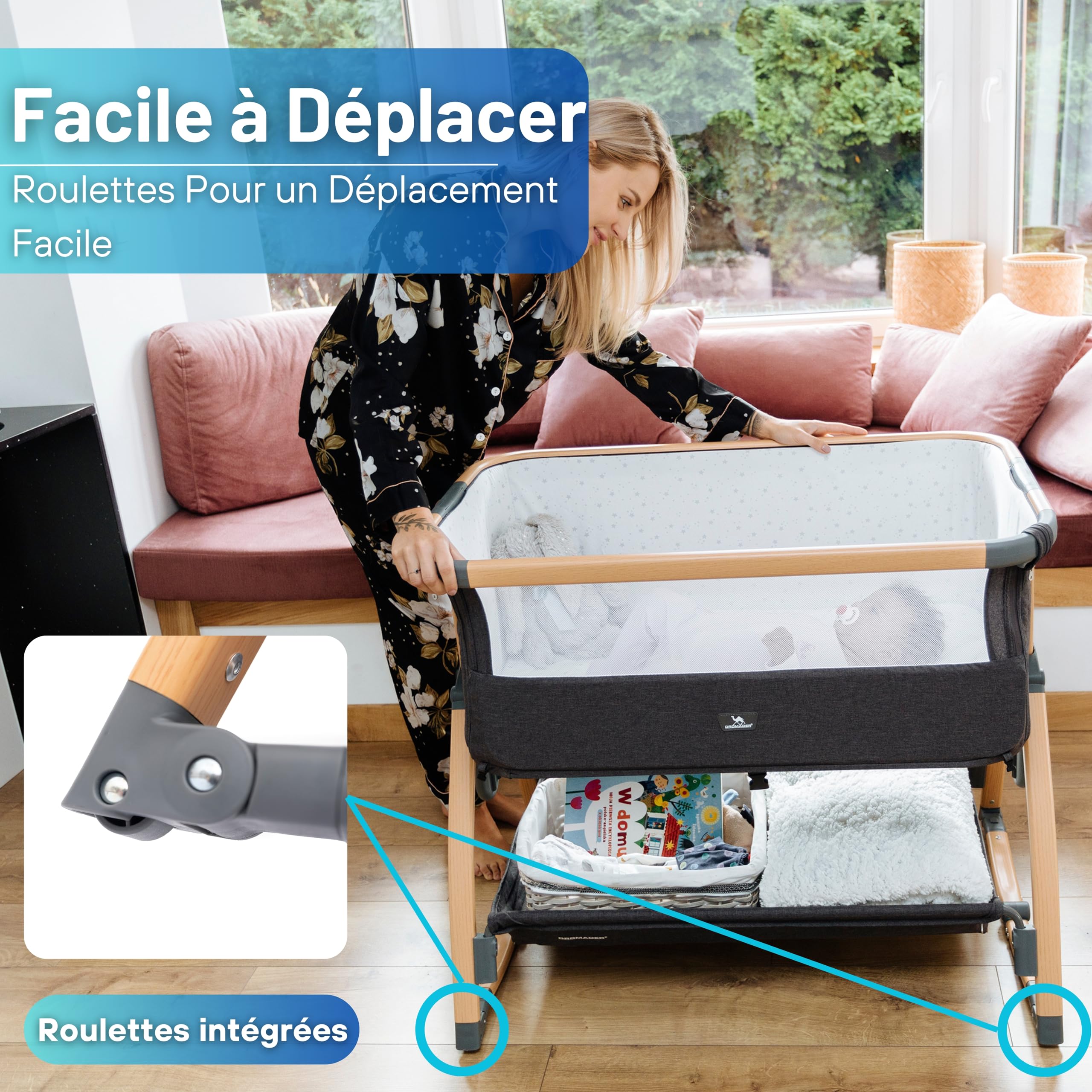 DROMADER Berceau Cododo Évolutif | Lit Bébé à roulettes, 7 Niveaux | Lit cododo, côté rabattable · Réglable sur 7 niveaux · Matelas fourni · Cadre bois à roulettes · Pliable