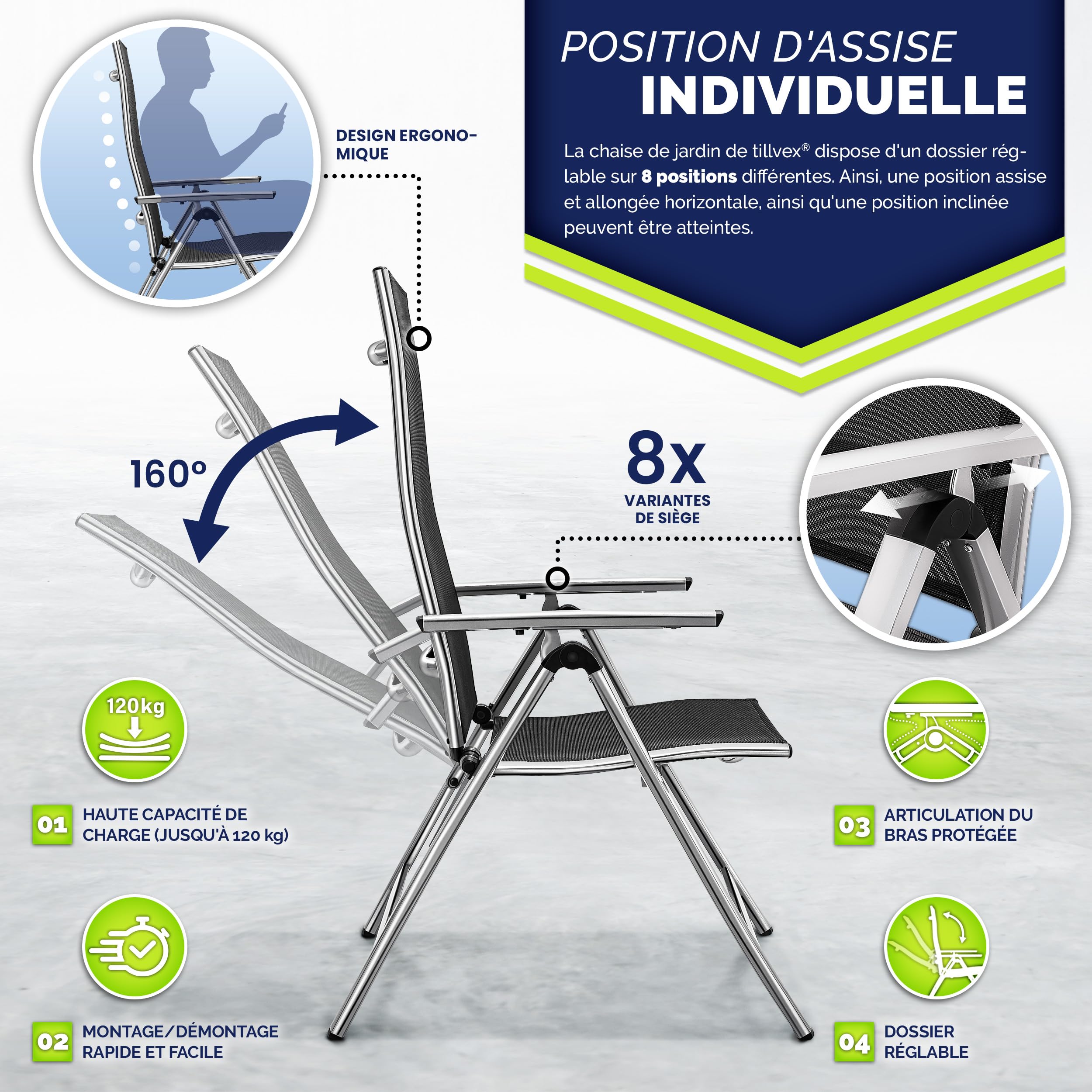 tillvex® Lot de 2 chaises de jardin à dossier haut, pliables, avec