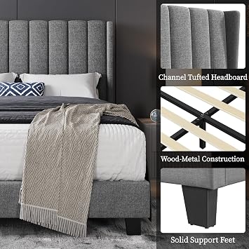 Yaheetech 4ft6 Double Bed Frame, Channel Tufted Wing Headboard, Light Grey