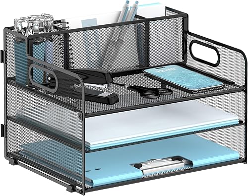 Organizador de archivos de escritorio de 3 niveles con soporte para bolígrafos, bandeja de papel de malla para escritorio, soporte plegable con asa