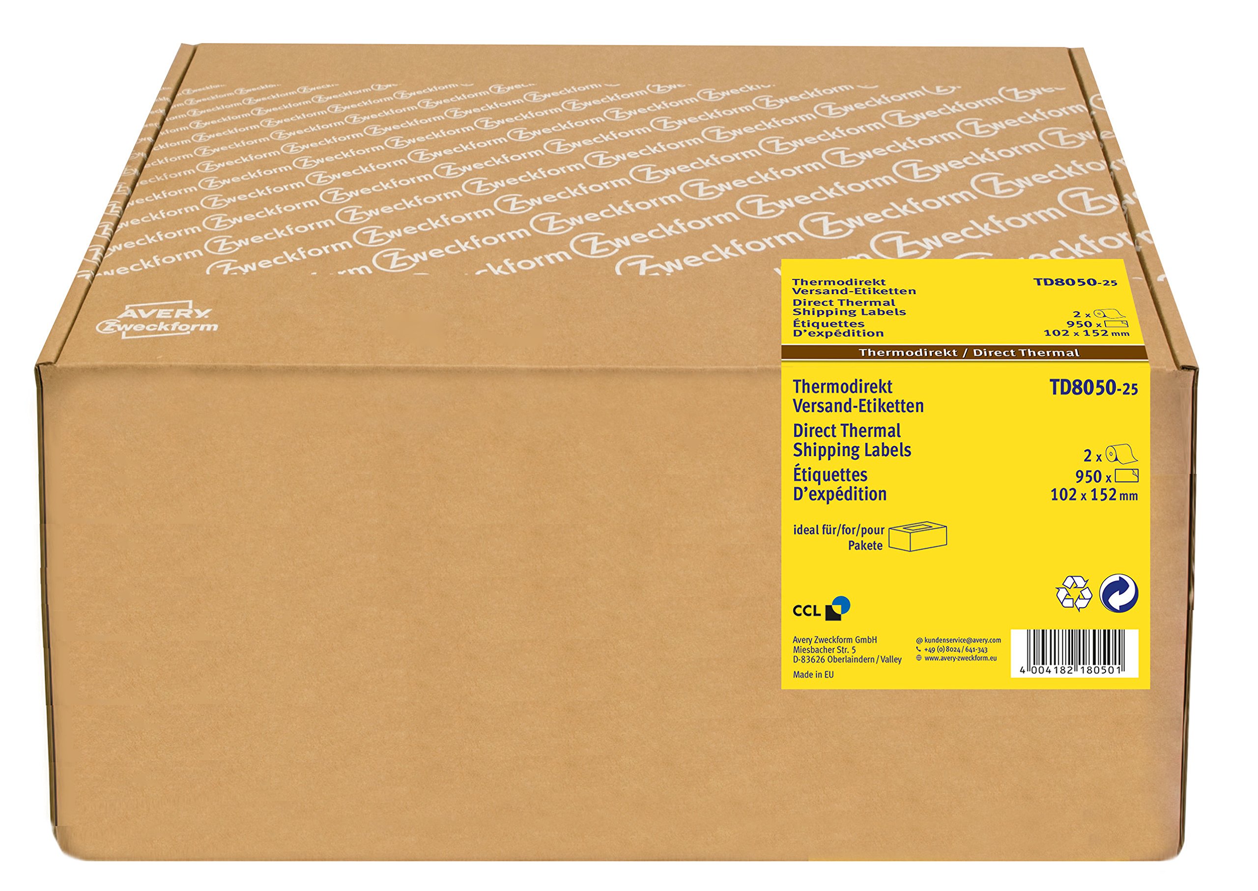 AVERY Zweckform TD8050-25 Lot de 950 étiquettes autocollantes pour colis sur 2 rouleaux avec un noyau de 25 mm Blanc 102 x 152 mm