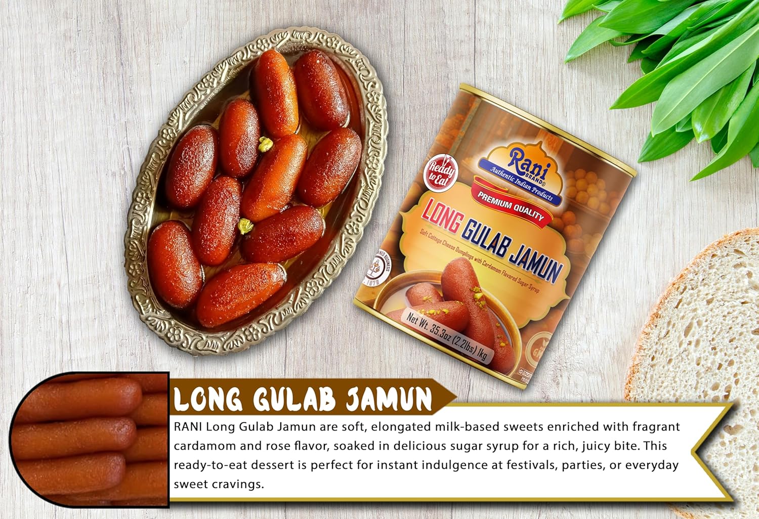 Rani Gulab Jamun Long (w/ Cardamom Flavored Sugar Syrup) 35.3oz (2.2lbs) 1kg, Pack of 2, Approximately 14 pieces, Easy Open Lid ~ Ready to eat | Non-GMO | Kosher | Indian Origin